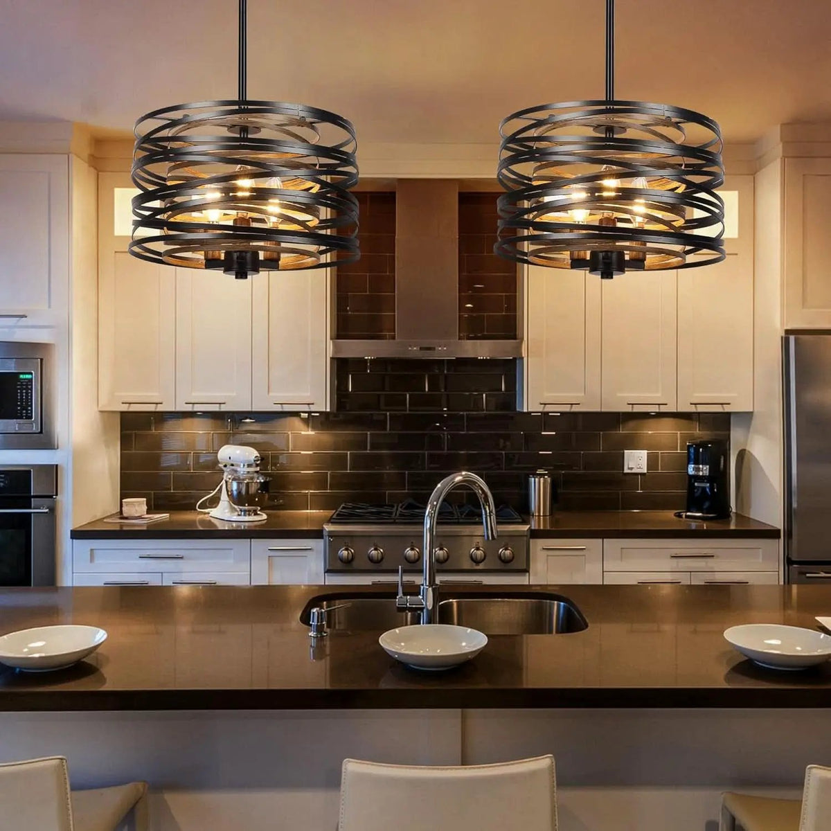 12.6 Rustic Farmhouse Three Light Drum Chandelier Black from PriceLows™