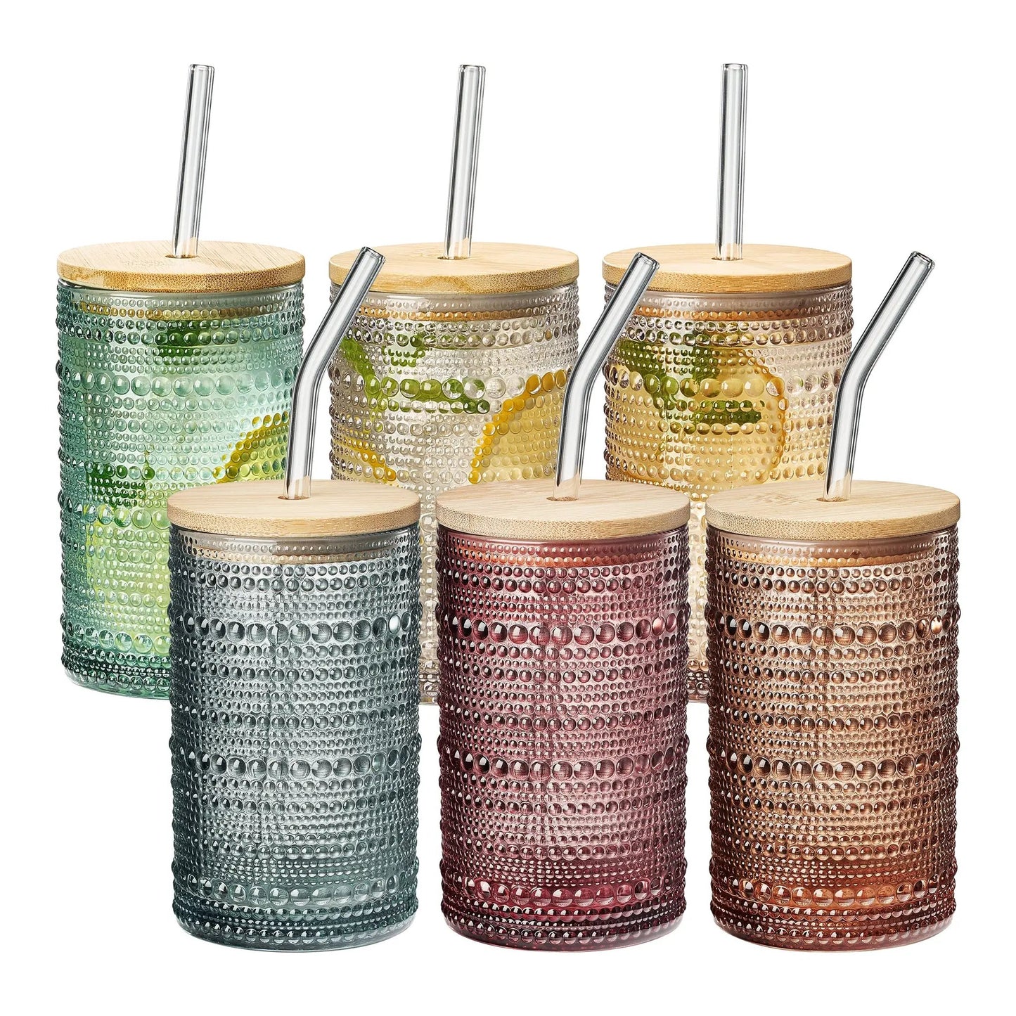 Tonal Hobnail Highball Glassware, With 6X Lids & Glass Straws, Set of 6 from PriceLows™