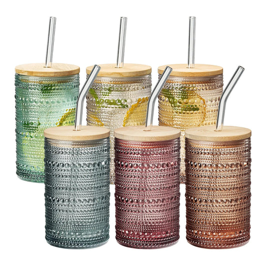 Tonal Hobnail Highball Glassware, With 6X Lids & Glass Straws, Set of 6 from PriceLows™