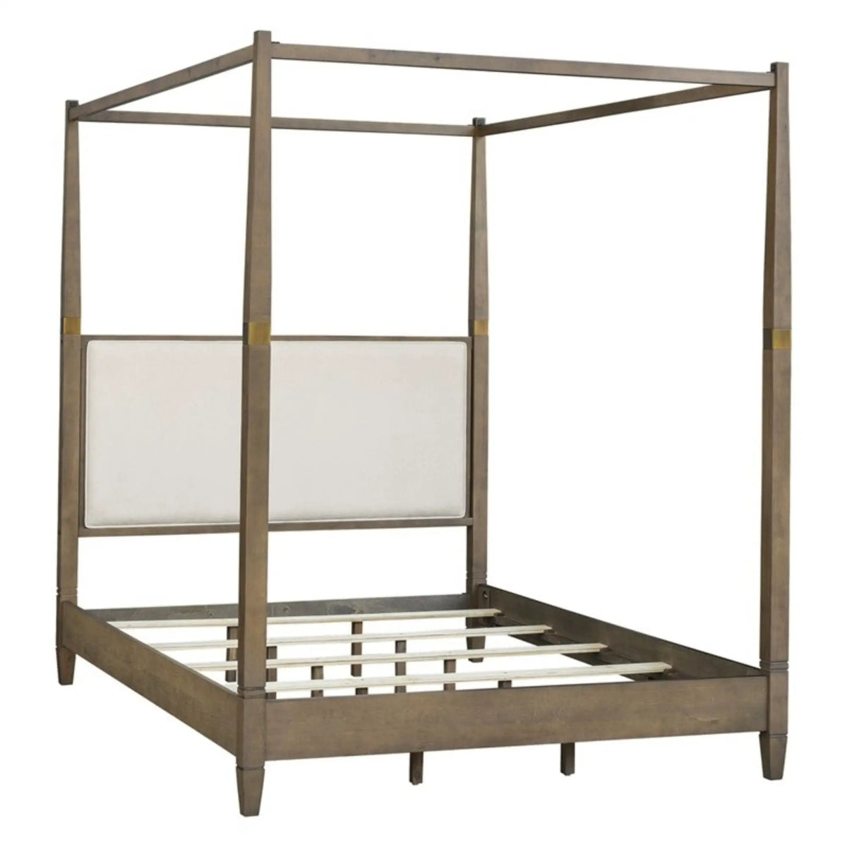 Queen Canopy Bed Frame | Upholstered Headboard | Brown Solid Wood | Gold Metal Cuffs