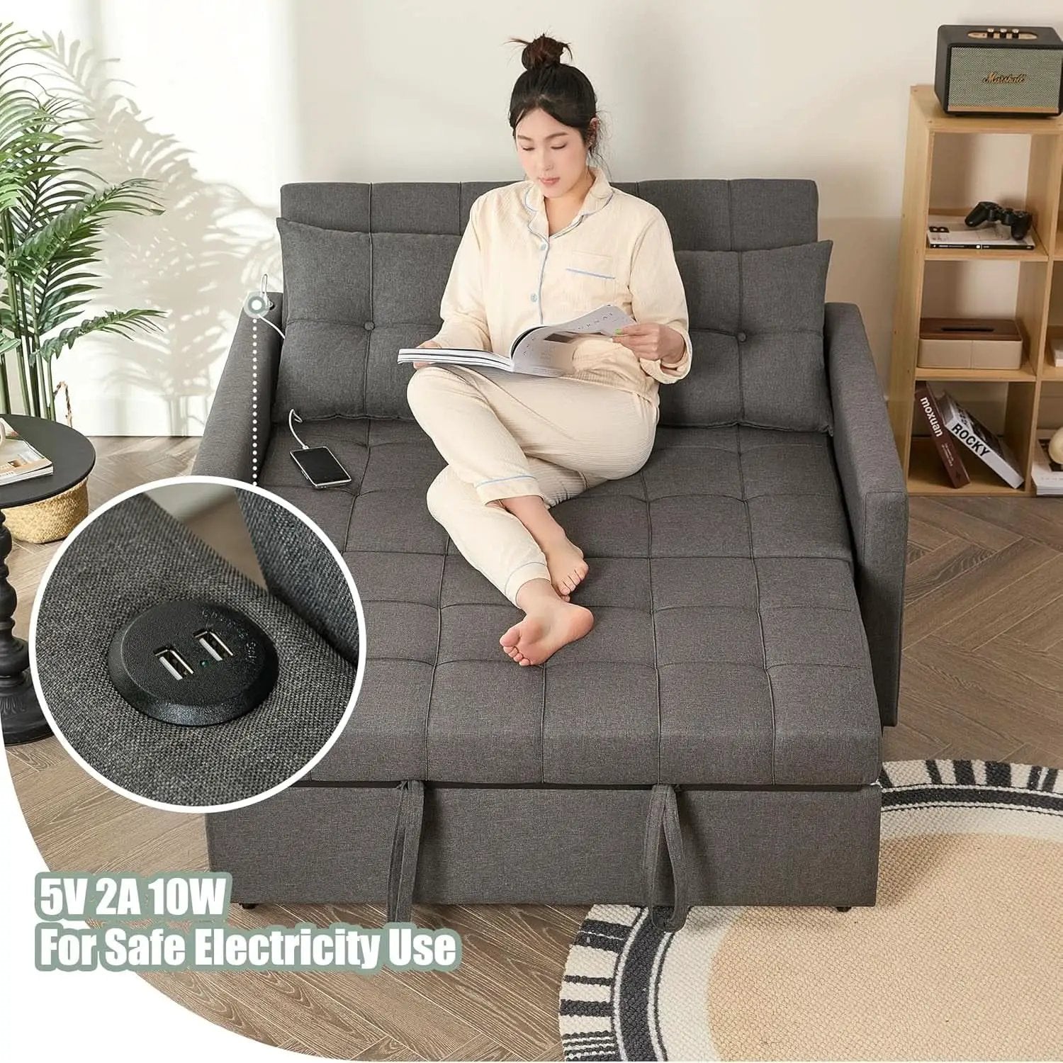 52Inch Sleeper Sofa With Pullout Bed Gray Fabric Upholstery from PriceLows™