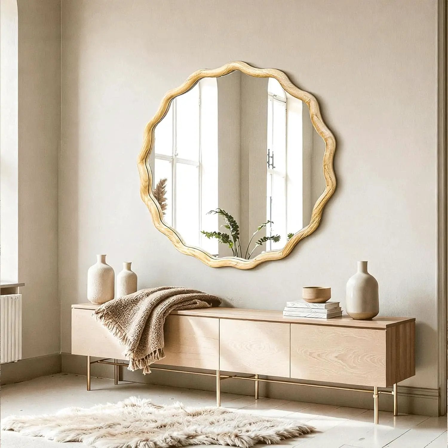 Round Wood Wall Mirror 24 Inch Shatterproof Glass Mounted from PriceLows™