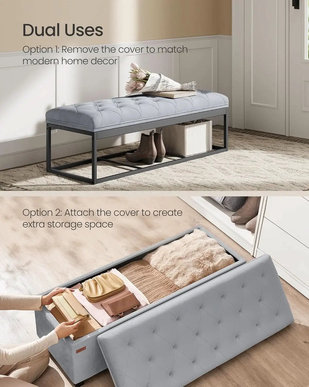 Dove Gray Velvet Storage Ottoman Bench 43 Inches Length from PriceLows™