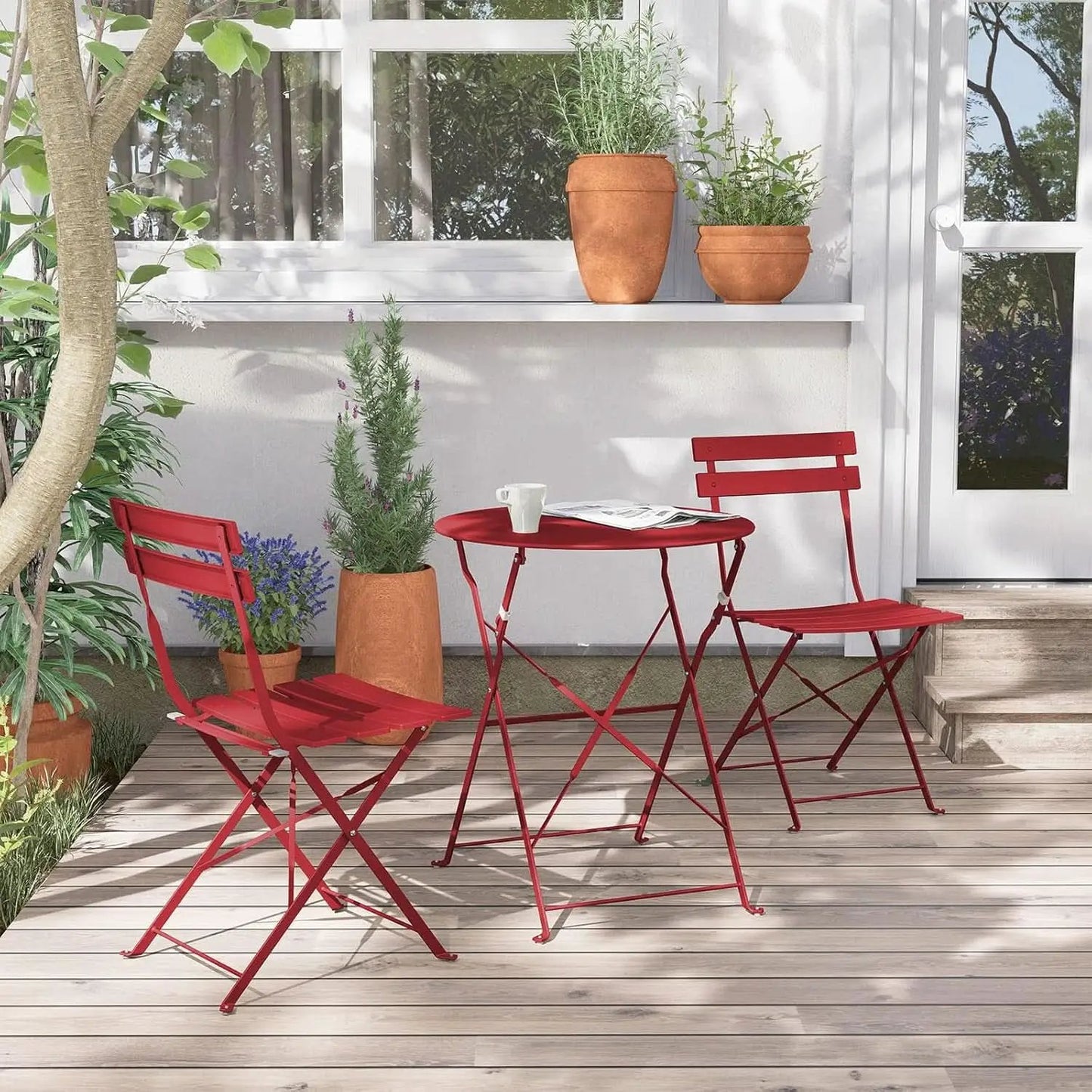 3-Piece Folding Outdoor Bistro Set Red Cushioned Seats from PriceLows™