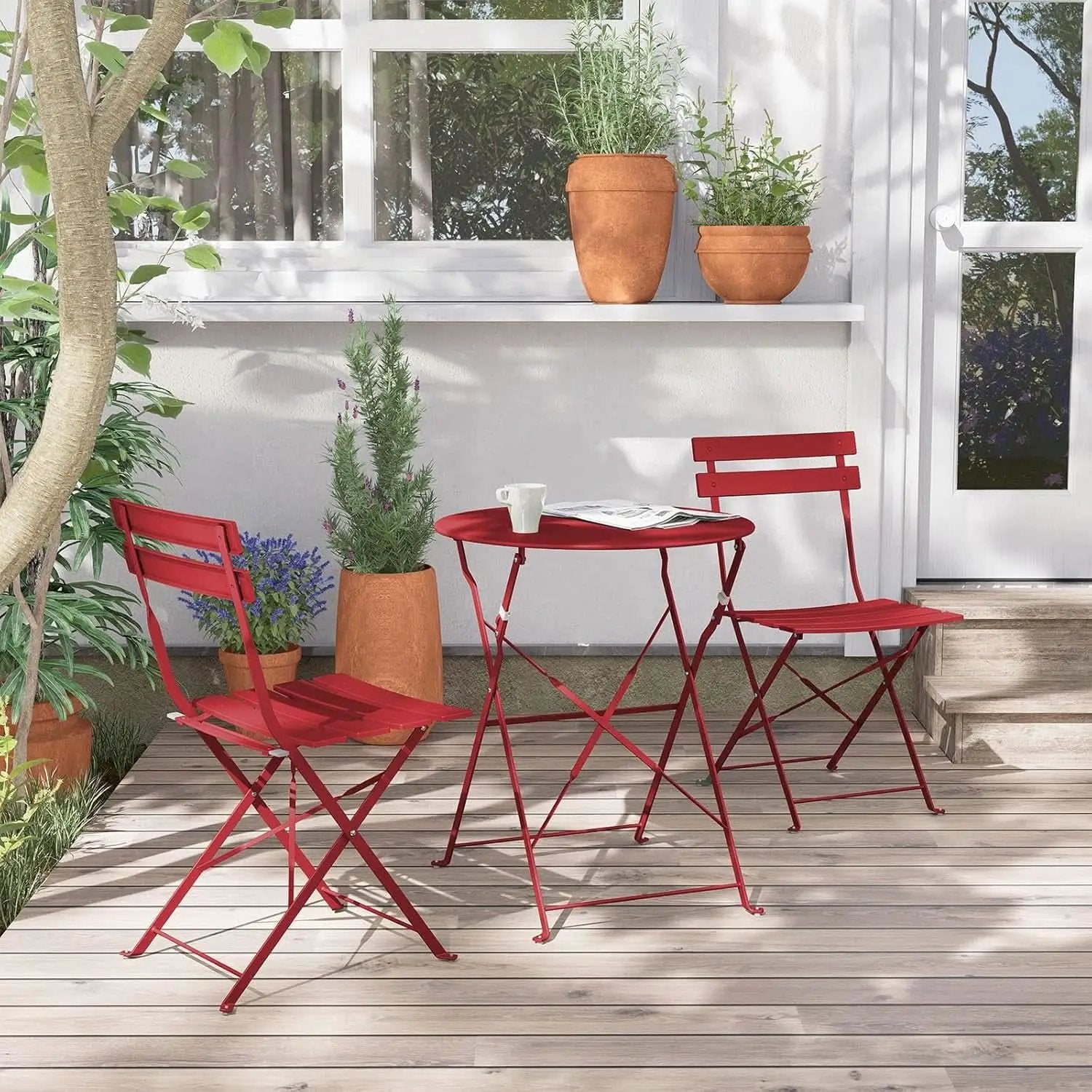 3-Piece Folding Outdoor Bistro Set Red Cushioned Seats from PriceLows™
