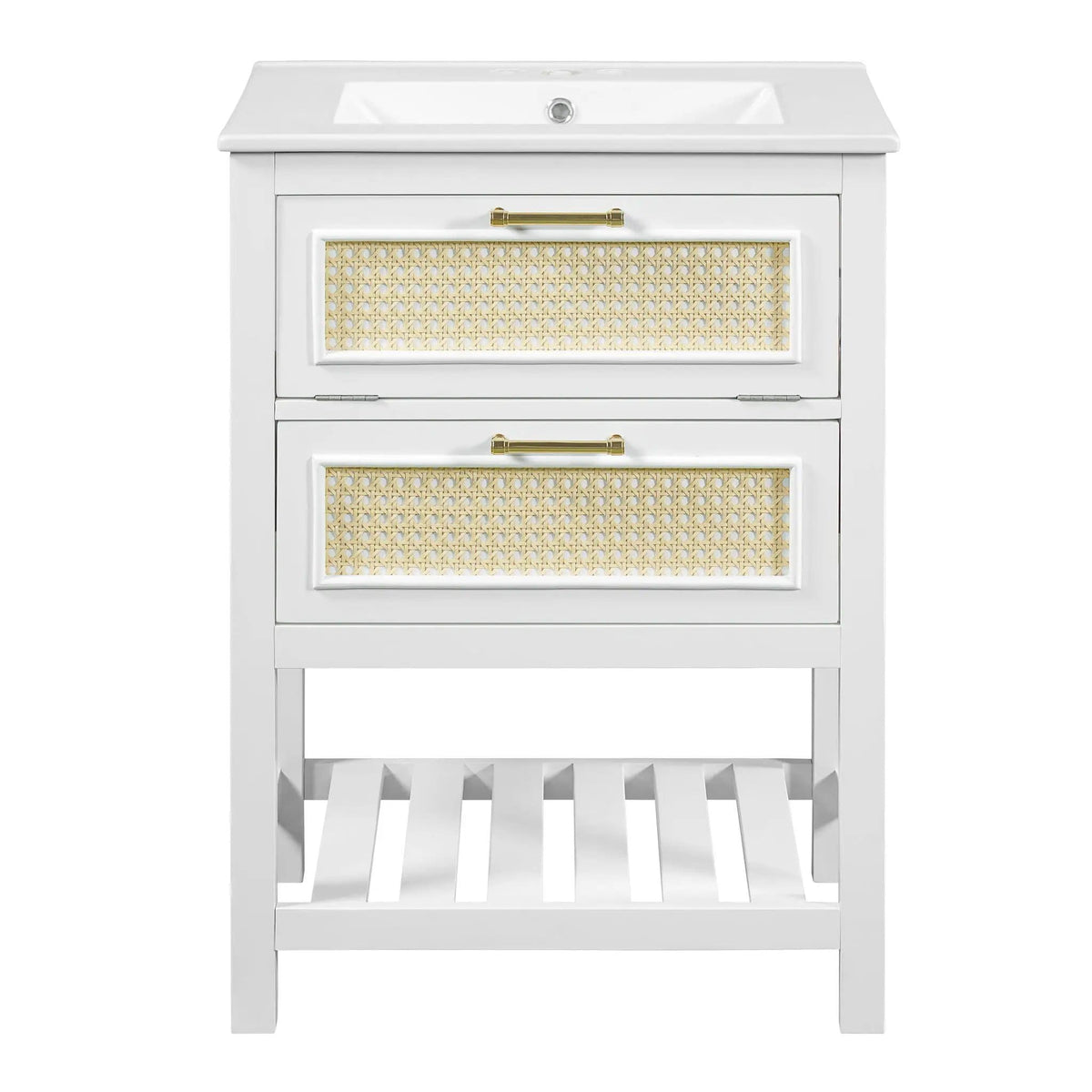 Modern Bathroom Vanity With Integrated Sink, Cabinet With 1 Deep Drawer And 1 | 2 Pieces | Solid Wood & Rattan | Bathroom