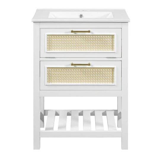 Modern Bathroom Vanity With Integrated Sink, Cabinet With 1 Deep Drawer And 1 | 2 Pieces | Solid Wood & Rattan | Bathroom