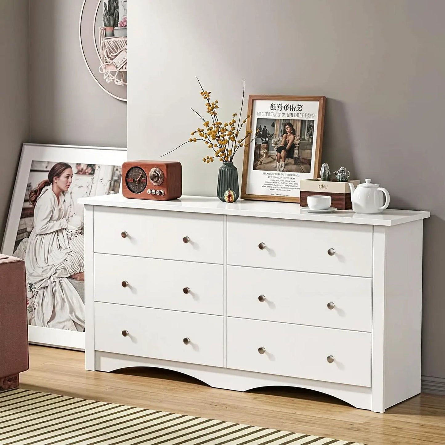 White 6 Drawer Dresser With Smooth Metal Slides Storage from PriceLows™