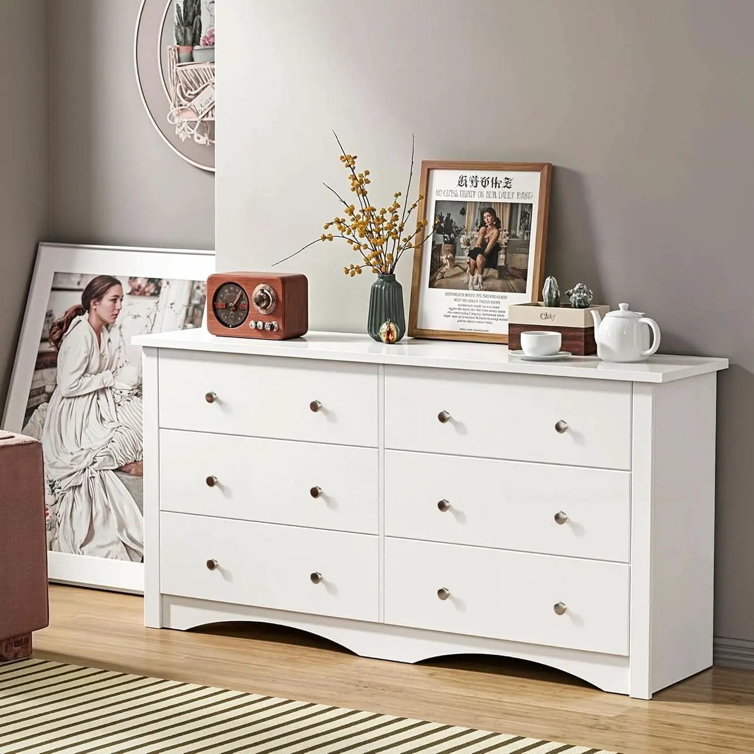 White 6 Drawer Dresser With Smooth Metal Slides Storage from PriceLows™