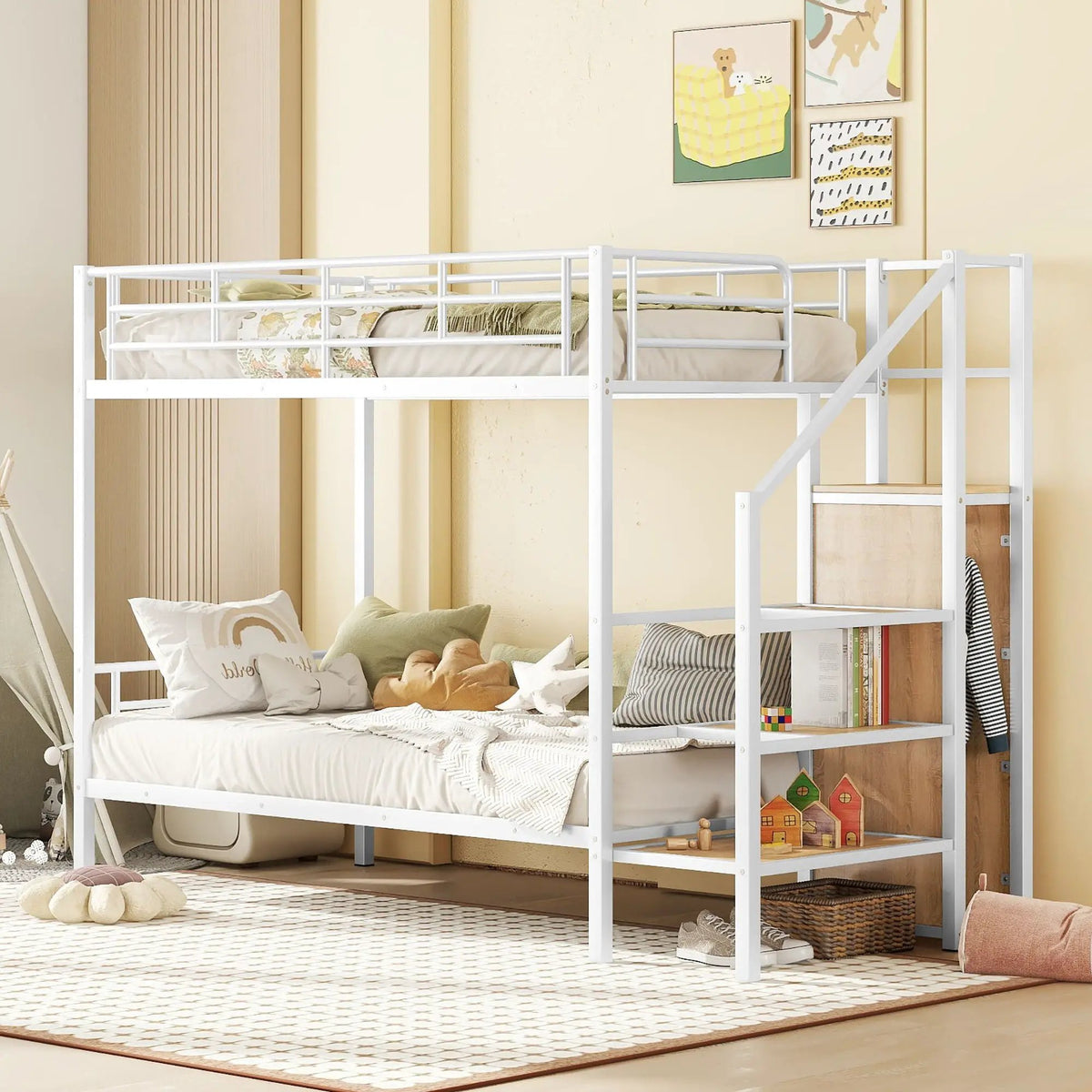 Metal Bunk Bed With Desk | Lateral Storage Ladder | Wardrobe | Clean-Cut Silhouette