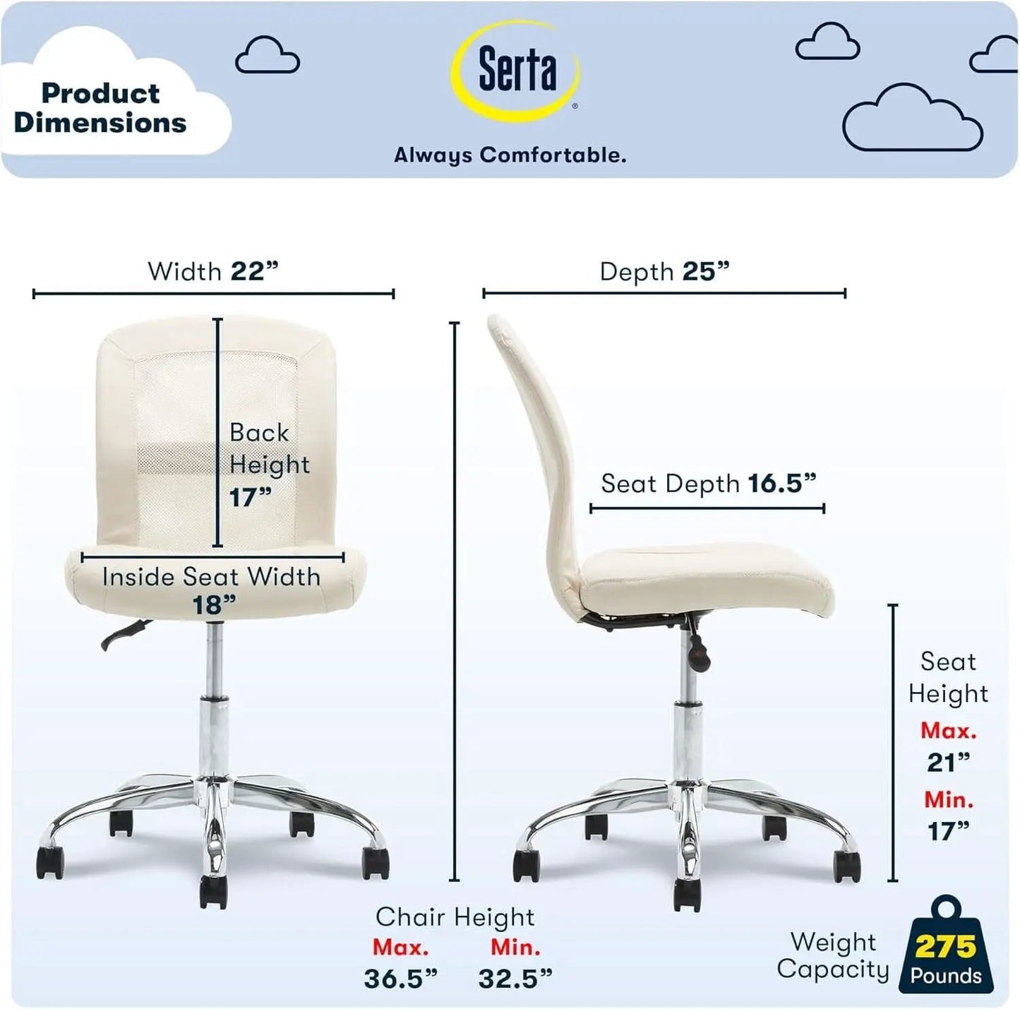 Armless Desk Chair With Mesh Back And Wheels Cream White from PriceLows™