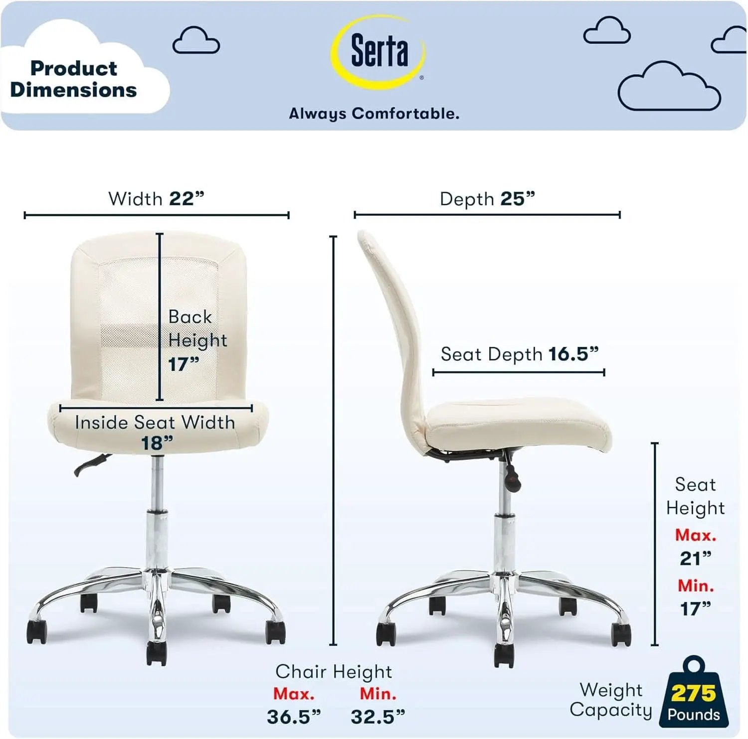 Armless Desk Chair With Mesh Back And Wheels Cream White from PriceLows™