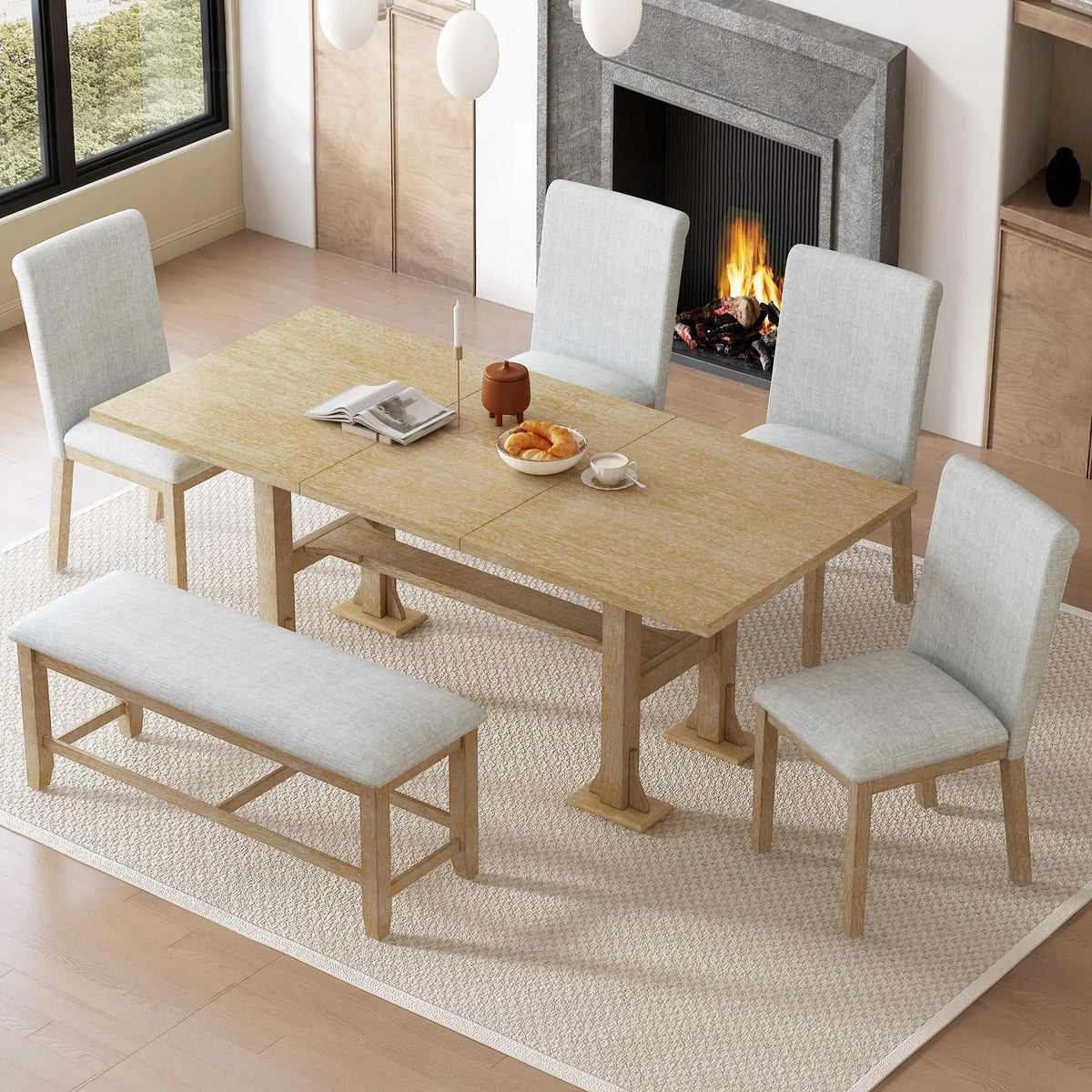 Farmhouse Dining Table Set | Solid Wood | Removable Leaf | 6 Piece