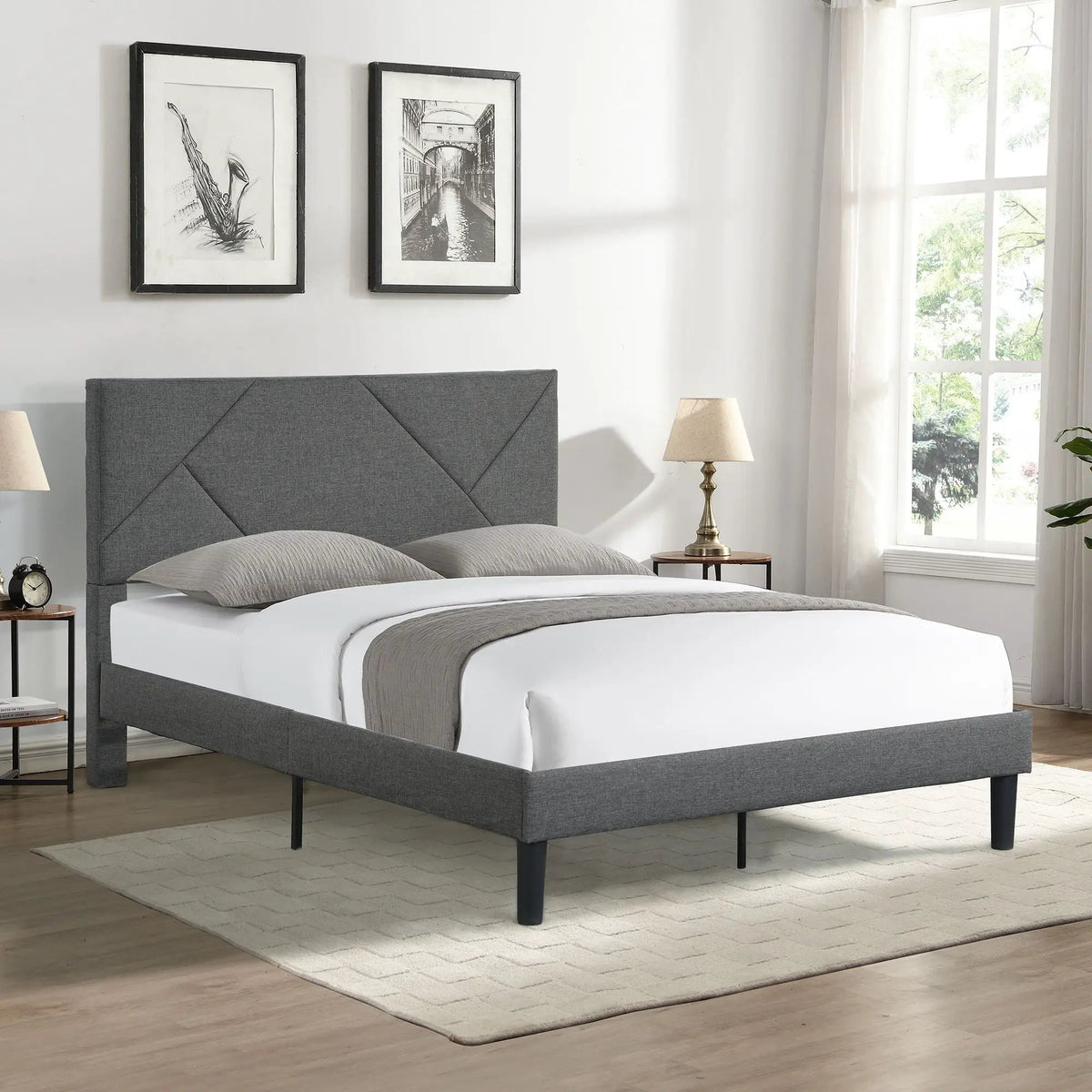 Upholstered Platform Bed | Solid Wood Slats | No Box Spring | Full Gray