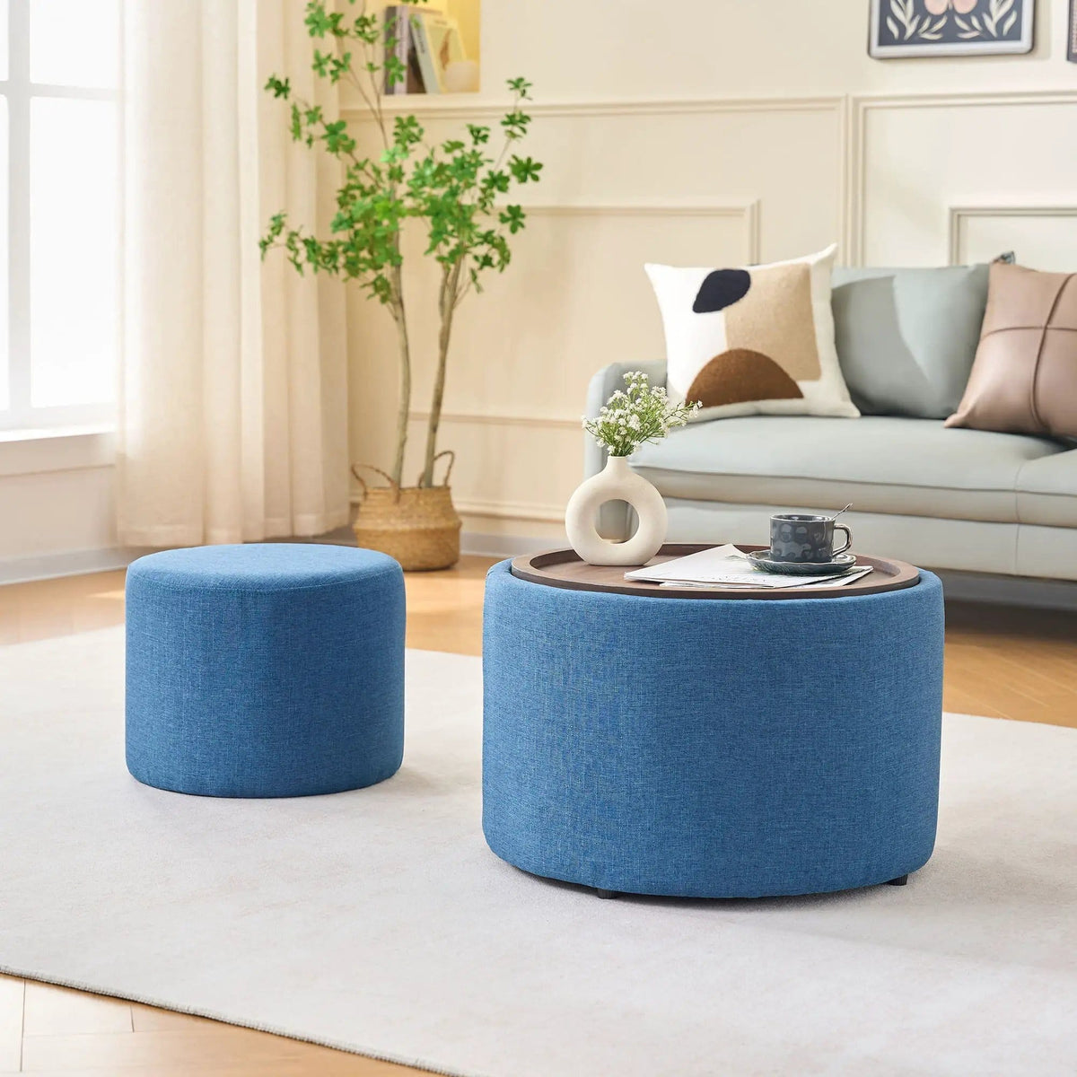 Nesting Ottomans, Round Coffee Table & Bench With Tray (Set of 2) | 4 Piece Living Room Set | Fabric & Wood | Living Room
