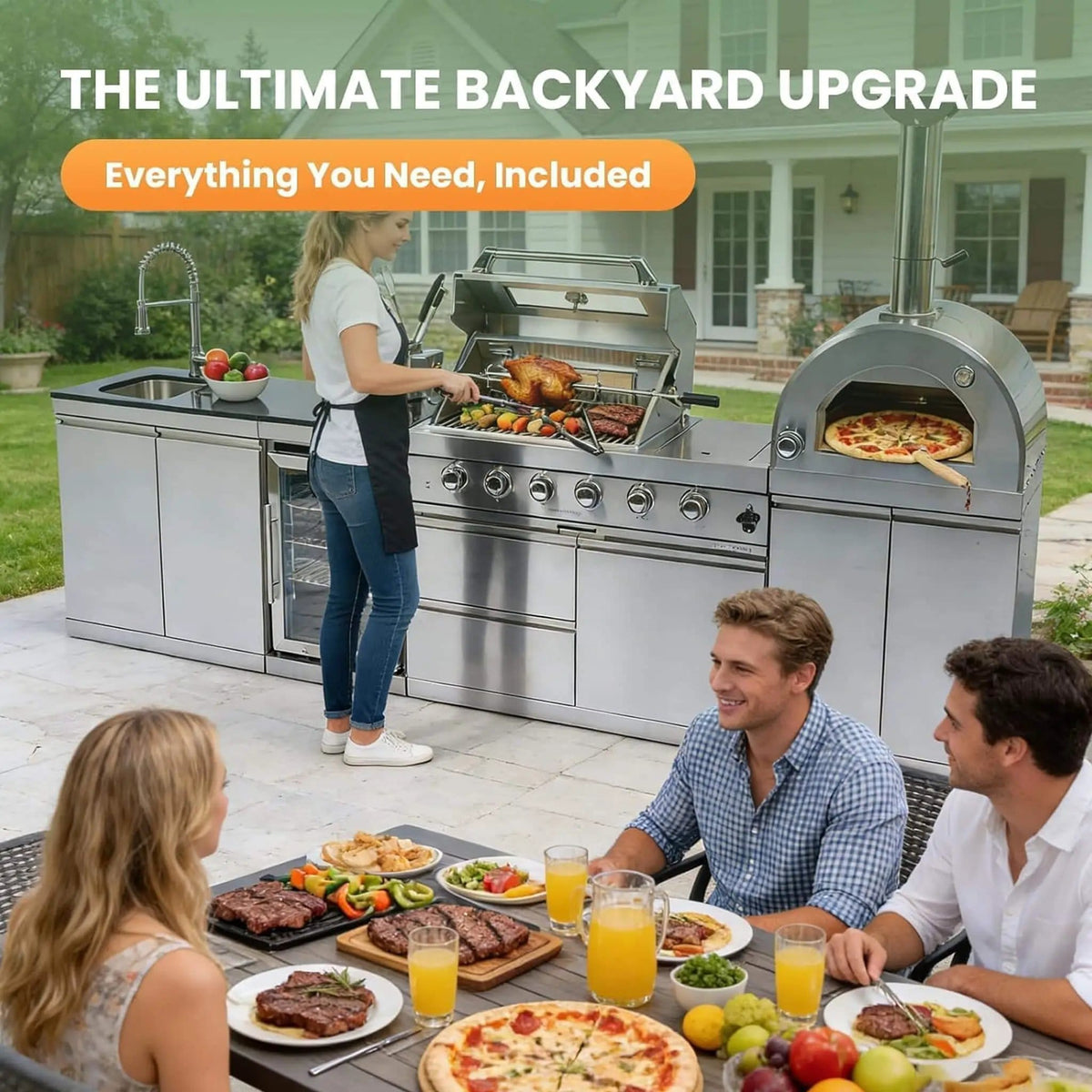 125 Inch 4 Burner 108K BTU Outdoor Kitchen Island With Pizza Oven, Rotisserie | 125 Inch | 4-Burner | Dining Room