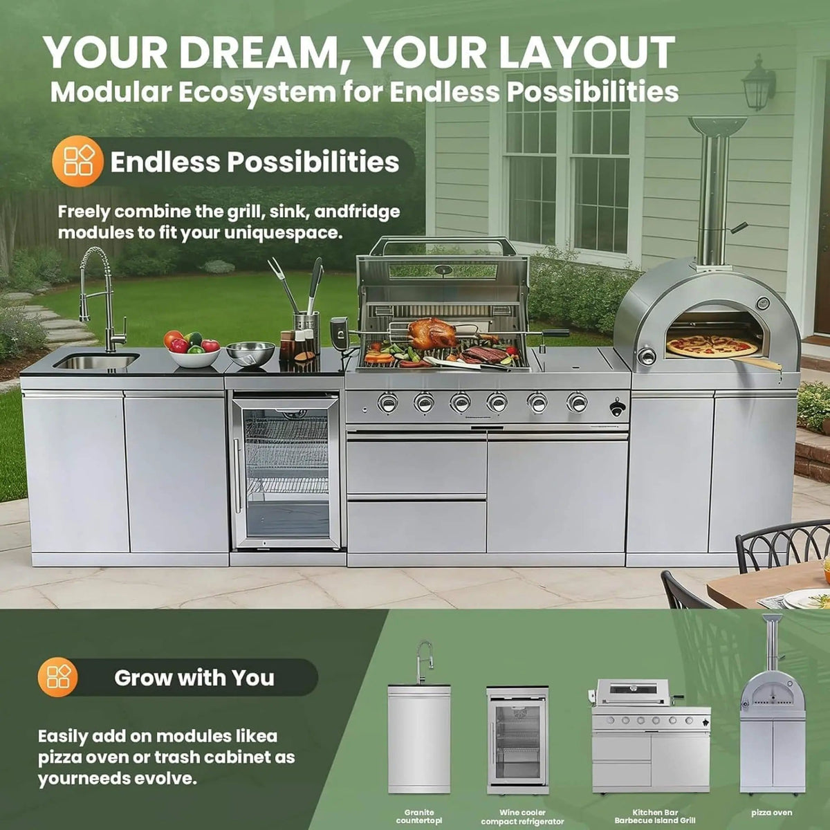 125 Inch 4 Burner 108K BTU Outdoor Kitchen Island With Pizza Oven, Rotisserie | 125 Inch | 4-Burner | Dining Room