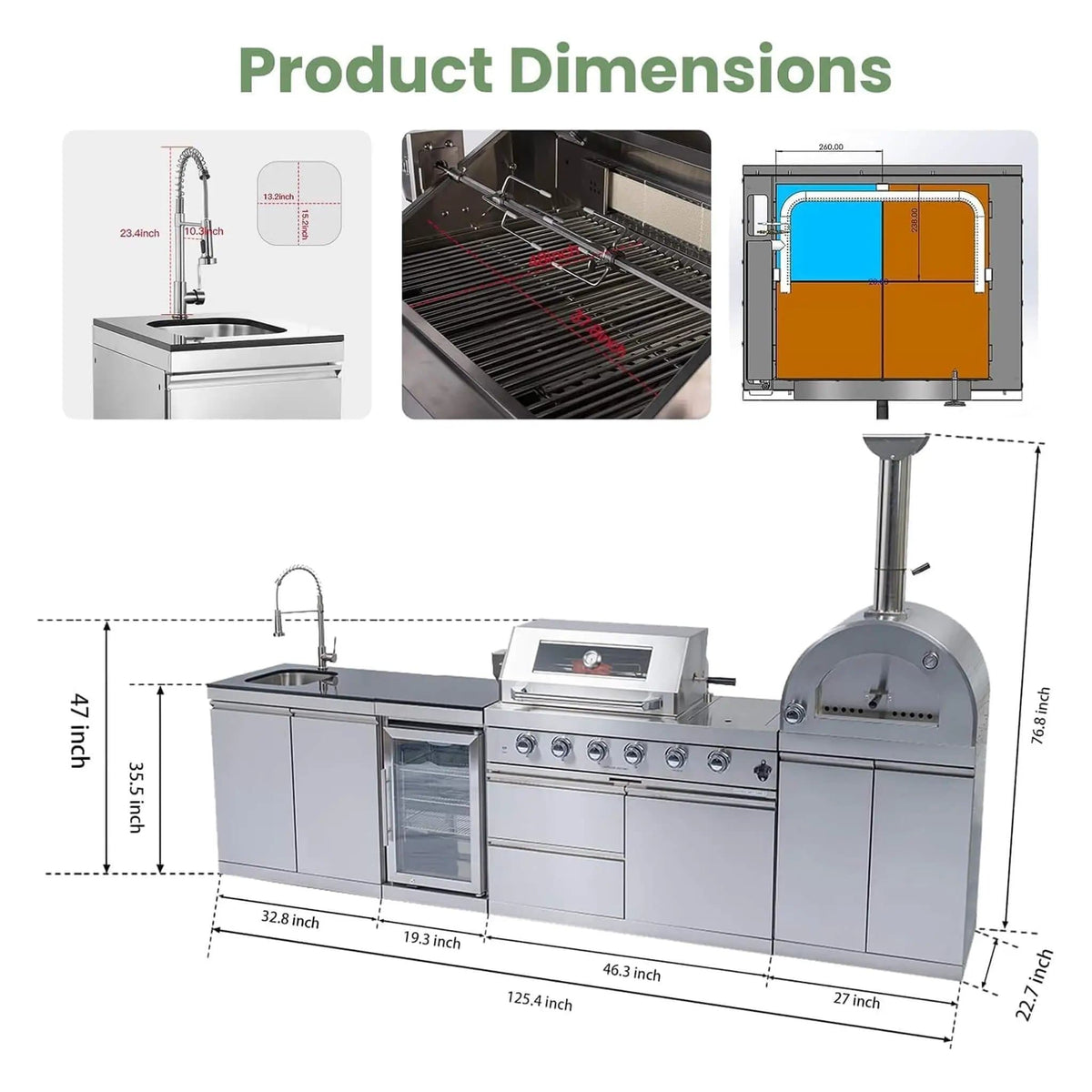 125 Inch 4 Burner 108K BTU Outdoor Kitchen Island With Pizza Oven, Rotisserie | 125 Inch | 4-Burner | Dining Room