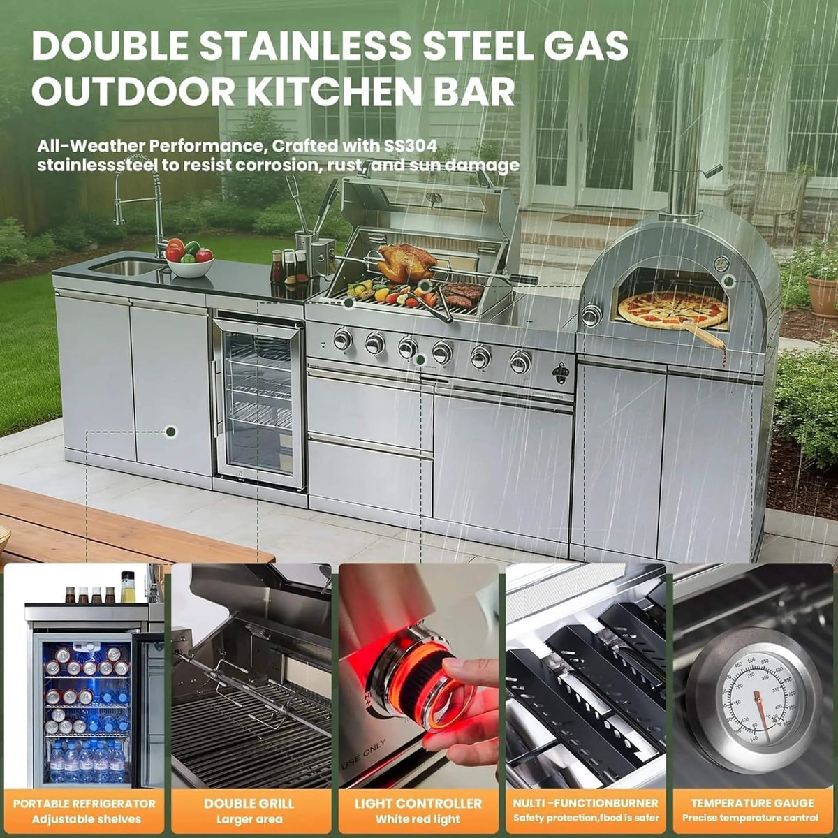 125 Inch 4 Burner 108K BTU Outdoor Kitchen Island With Pizza Oven, Rotisserie | 125 Inch | 4-Burner | Dining Room