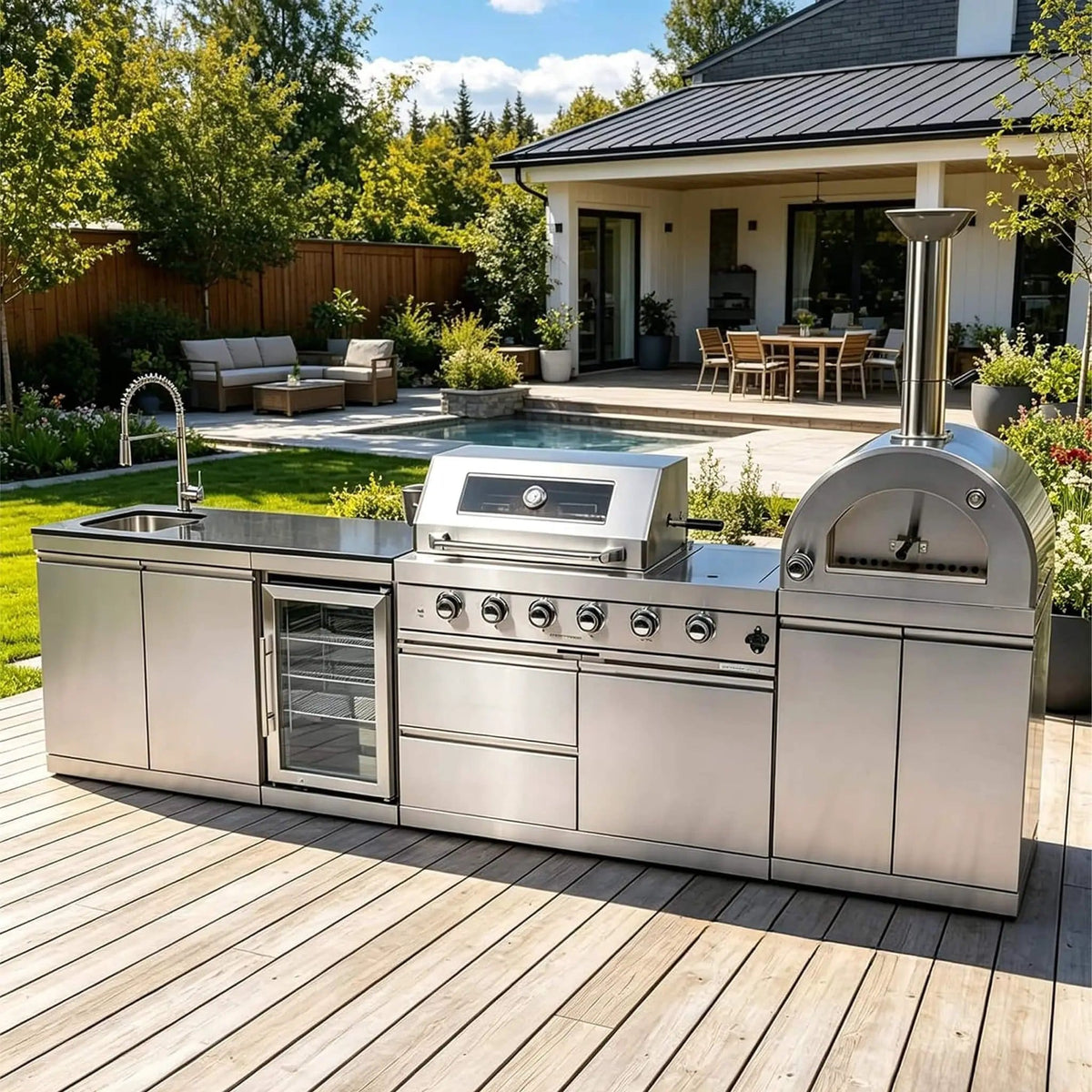 125 Inch 4 Burner 108K BTU Outdoor Kitchen Island With Pizza Oven, Rotisserie | 125 Inch | 4-Burner | Dining Room