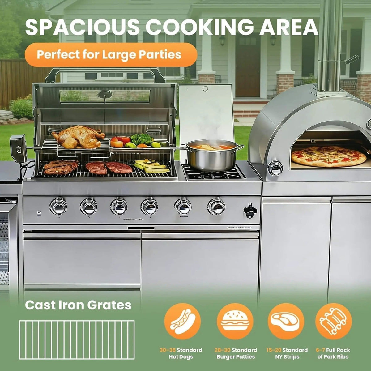 125 Inch 4 Burner 108K BTU Outdoor Kitchen Island With Pizza Oven, Rotisserie | 125 Inch | 4-Burner | Dining Room