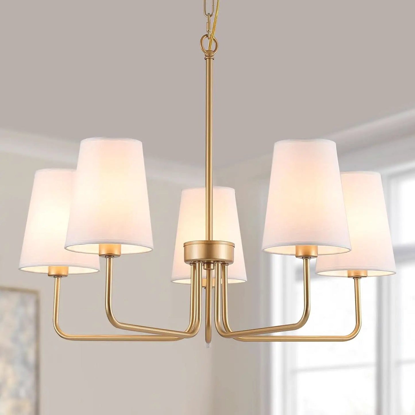 Five Light Gilded Farmhouse Chandelier With White Shades from PriceLows™