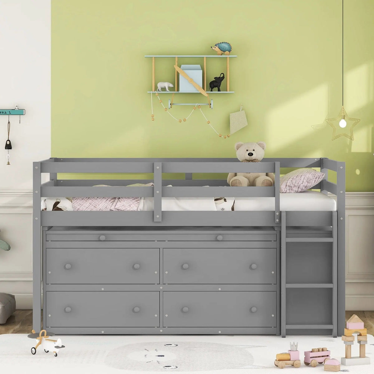 Loft Bed With Retractable Desk | 4 Front Drawers | Lateral Portable Desk | Side Shelves