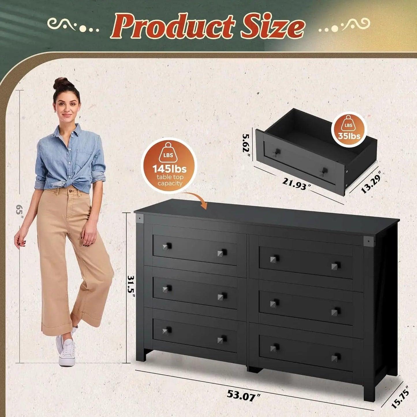 Farmhouse Black 6 Drawer Dresser 53InchWide Storage from PriceLows™