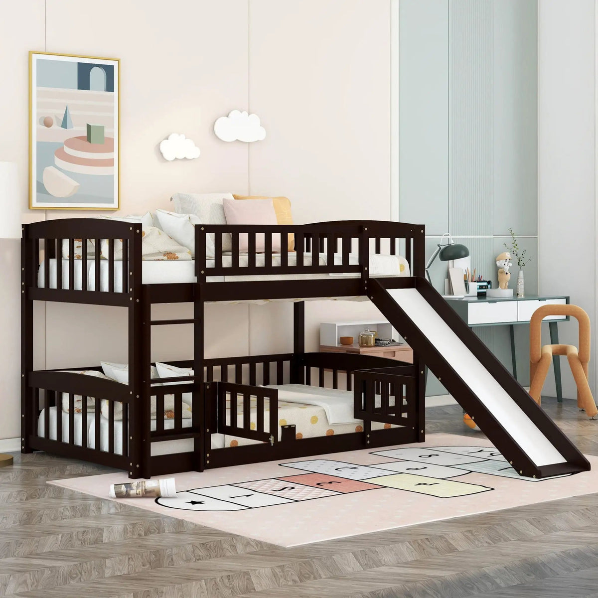 Low Bunk Bed With Slide | Fence And Ladder | Built-In Play Area | Kids Bedroom