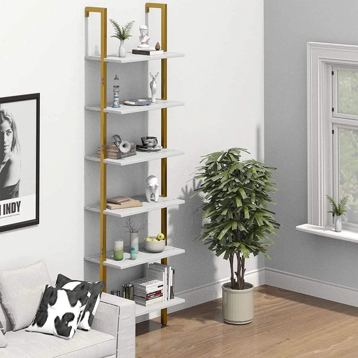 Marble White 6 Tier Ladder Shelf Bookcase Wall Mounted from PriceLows™