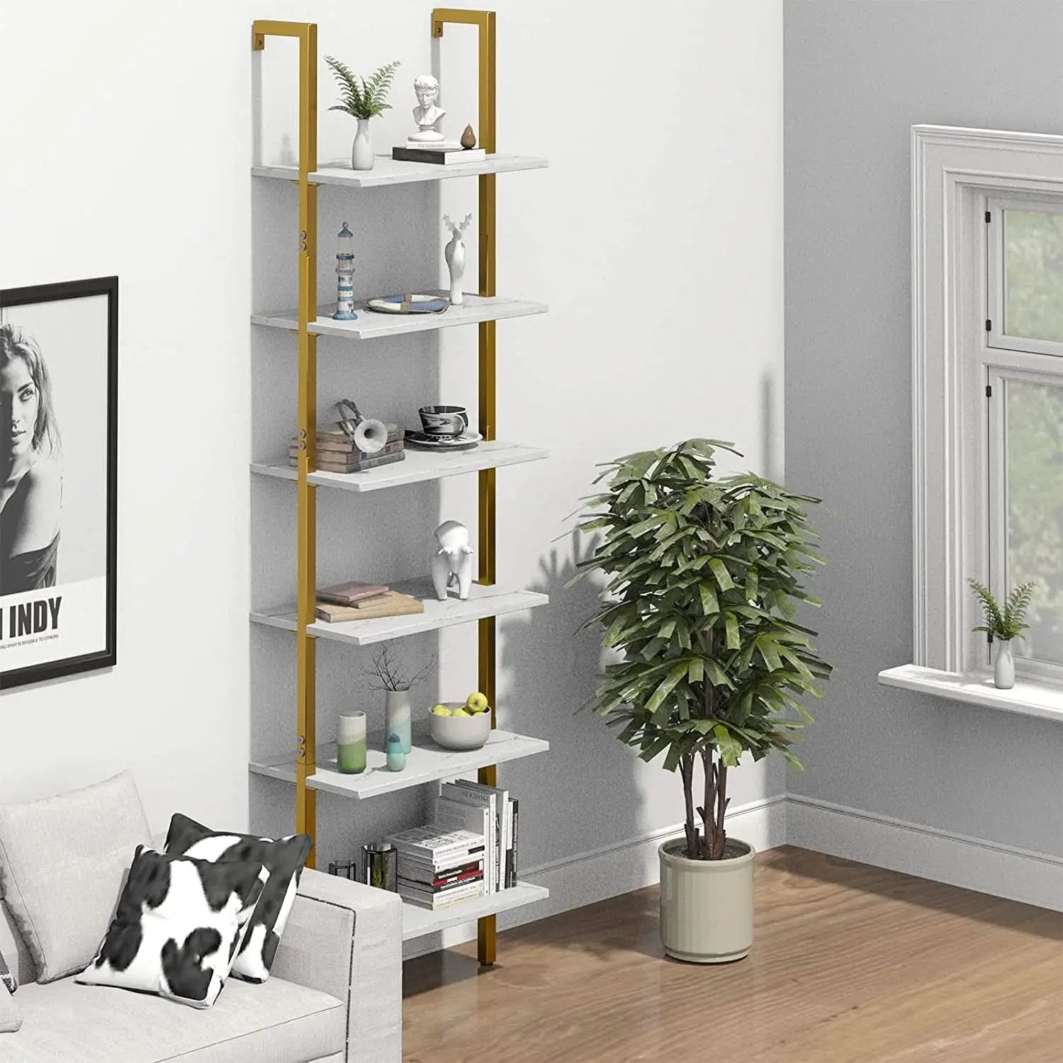 Marble White 6 Tier Ladder Shelf Bookcase Wall Mounted from PriceLows™