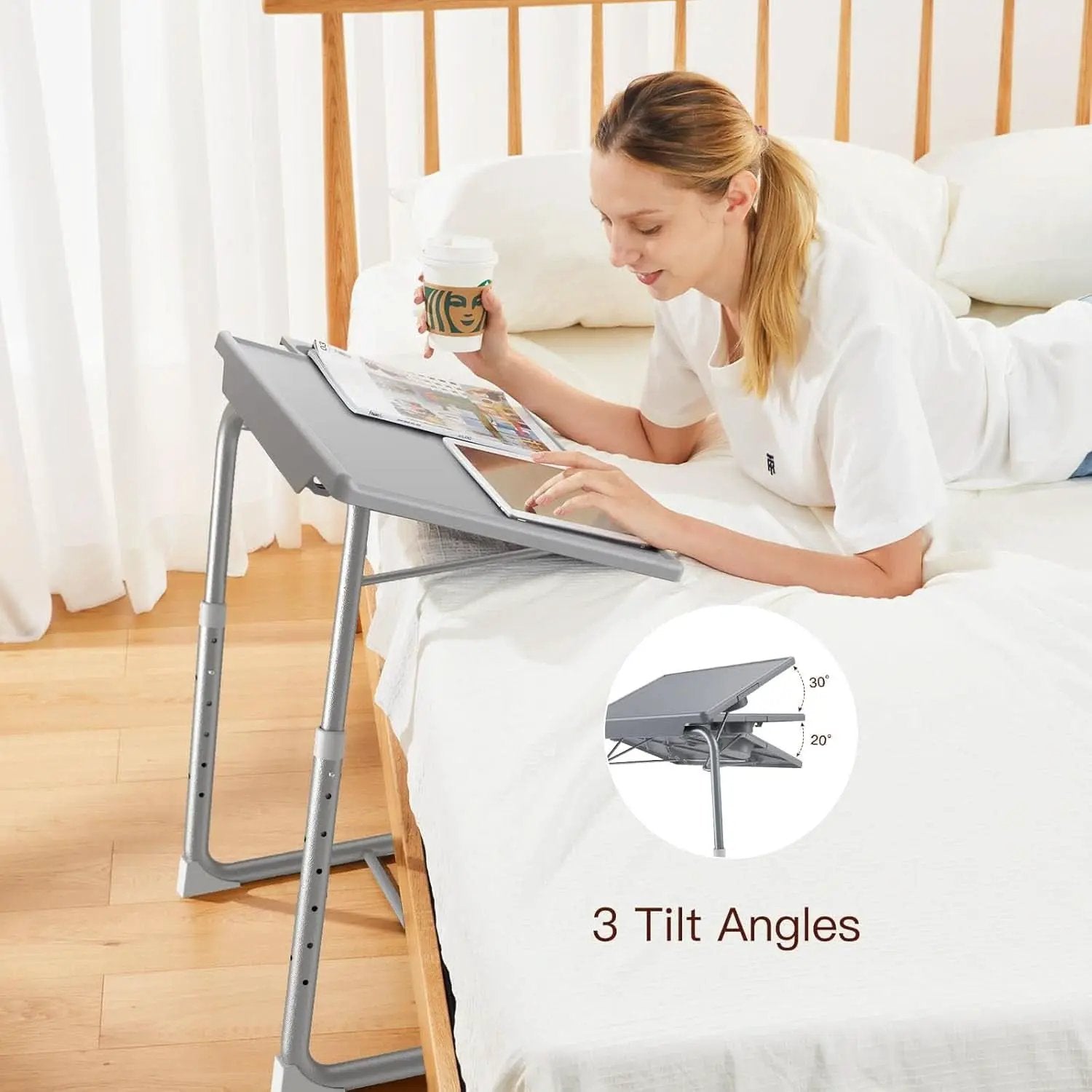 Gray Adjustable TV Tray Table For Bed And Sofa With 6 Height 3 Tilt from PriceLows™