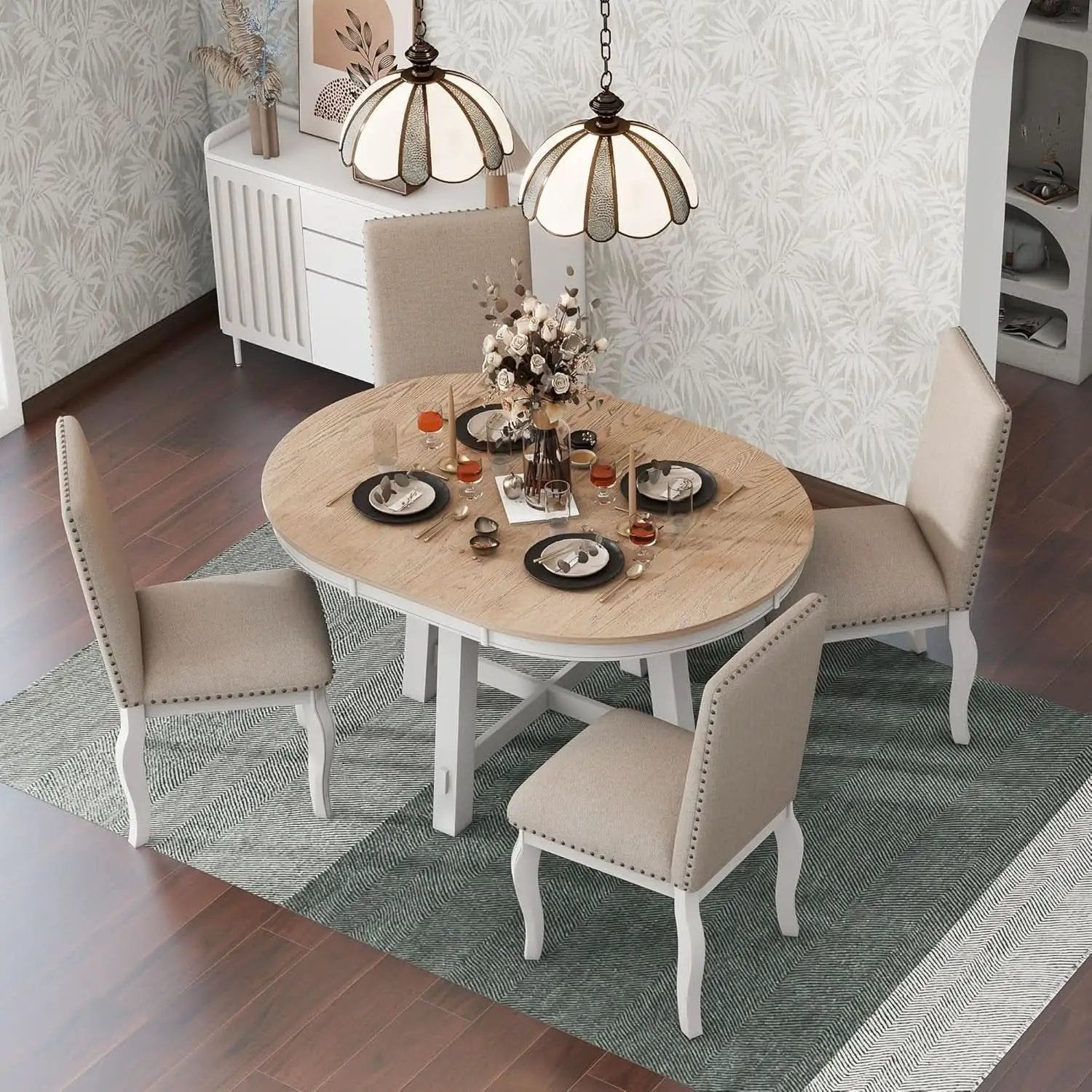 Farmhouse Round Extendable Dining Table Set Oak Finish with Upholstered Chairs from PriceLows™