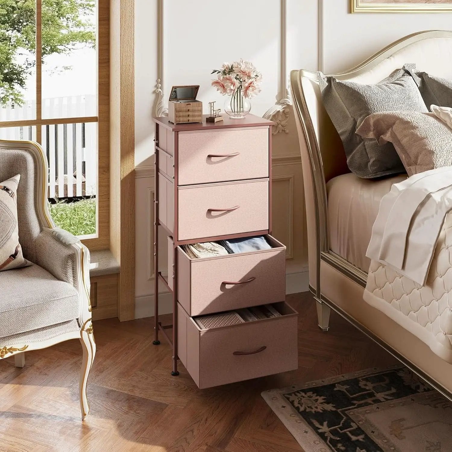 4 Drawer Pink Rose Gold Fabric Dresser With Wood Top – PriceLows™