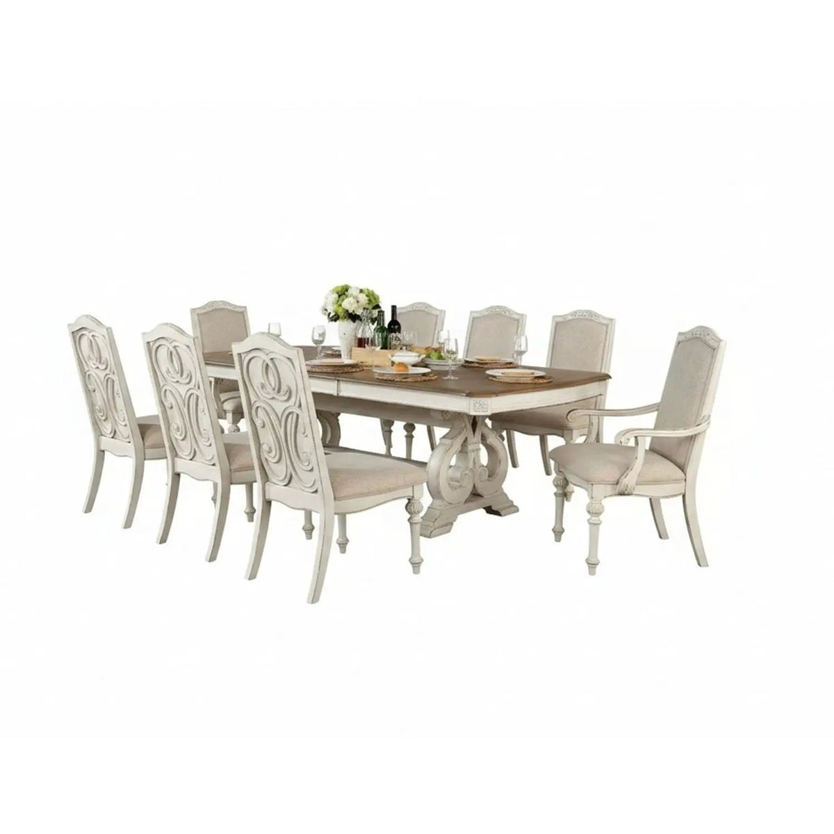 Rustic Dining Set | 96 Inch Table | Upholstered Chairs | Intricate Wood Inlay Details