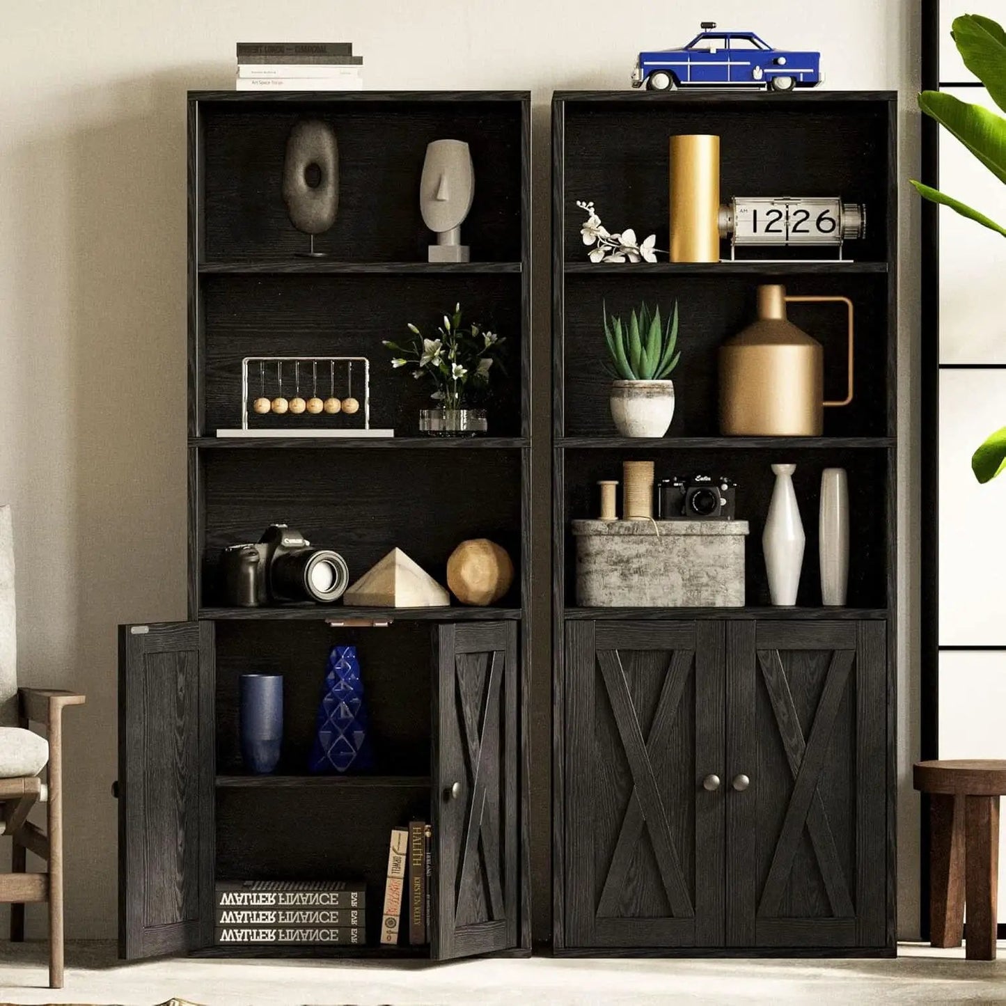 Industrial Bookshelf With Doors 11.8 Inch Depth 5 Shelves from PriceLows™