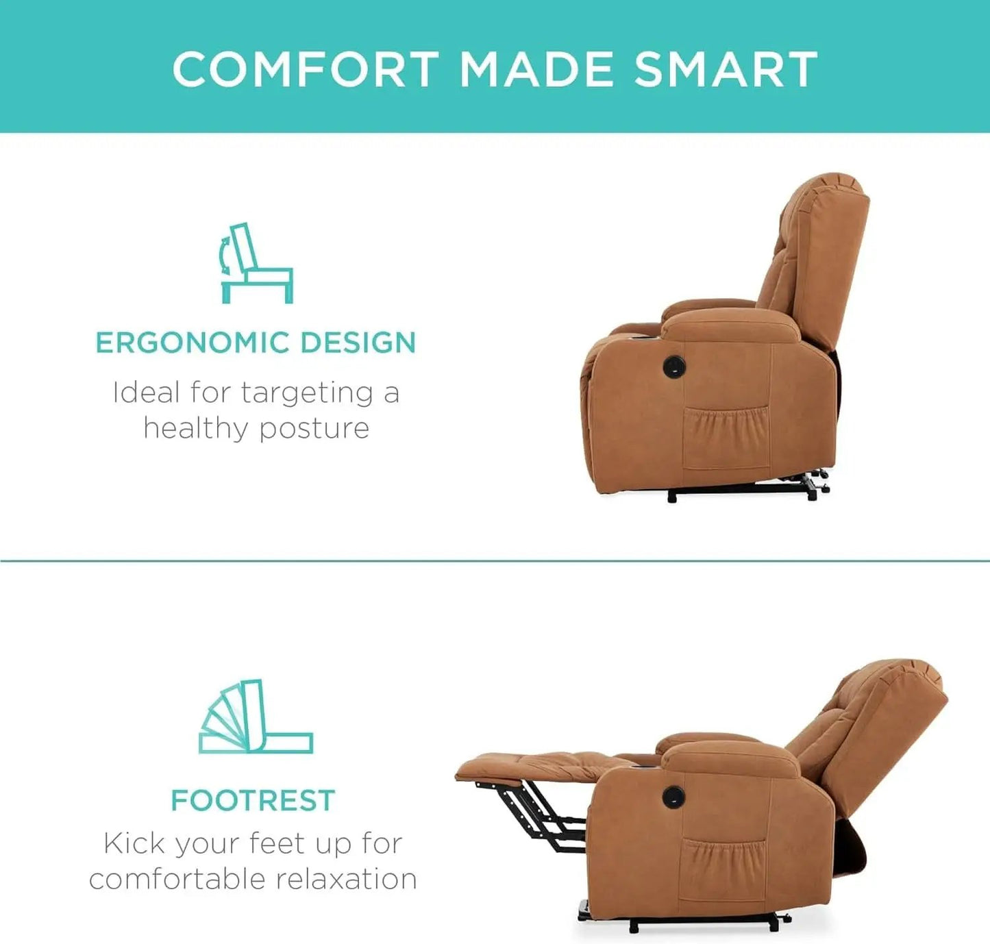 Cognac PU Leather Power Lift Recliner With Massage And Heat from PriceLows™