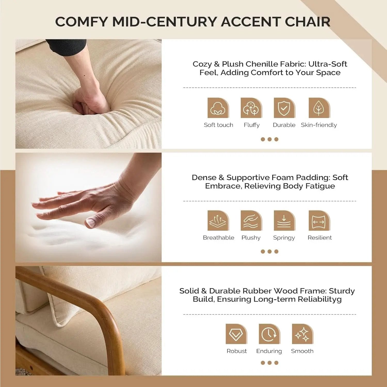 Chenille Mid Century Modern Accent Chair Set of 2 Cream from PriceLows™