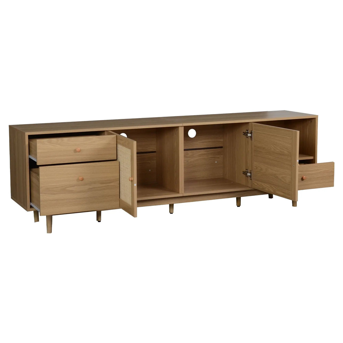 76 Inch TV Stand With Doors | Three Drawers | Two Cabinets | Natural Rattan Doors