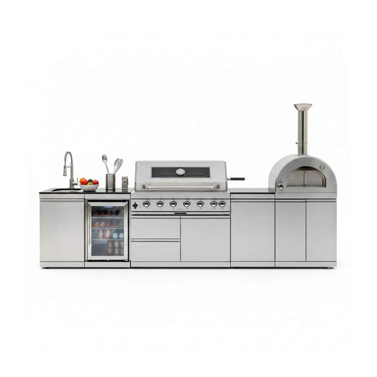 128 Inch 6 Burner 120K BTU Outdoor Kitchen Island With Pizza Oven, Rotisserie | 128 Inch | 6-Burner | Dining Room