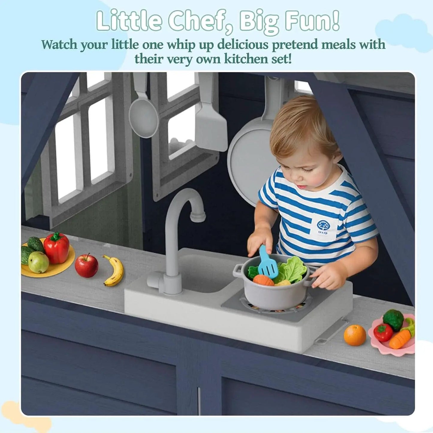 Blue Outdoor Kids Playhouse With Kitchen Doorbell Panel from PriceLows™