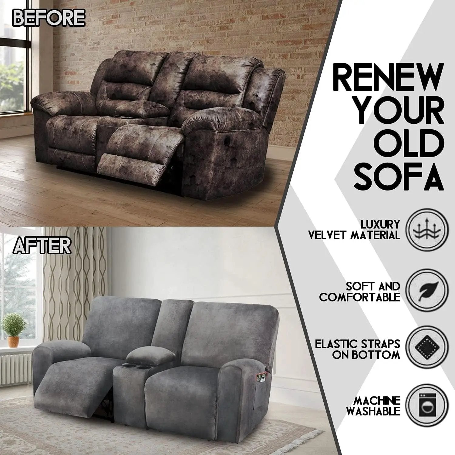 Dark Grey Velvet 8 Piece Reclining Loveseat Slipcover from PriceLows™