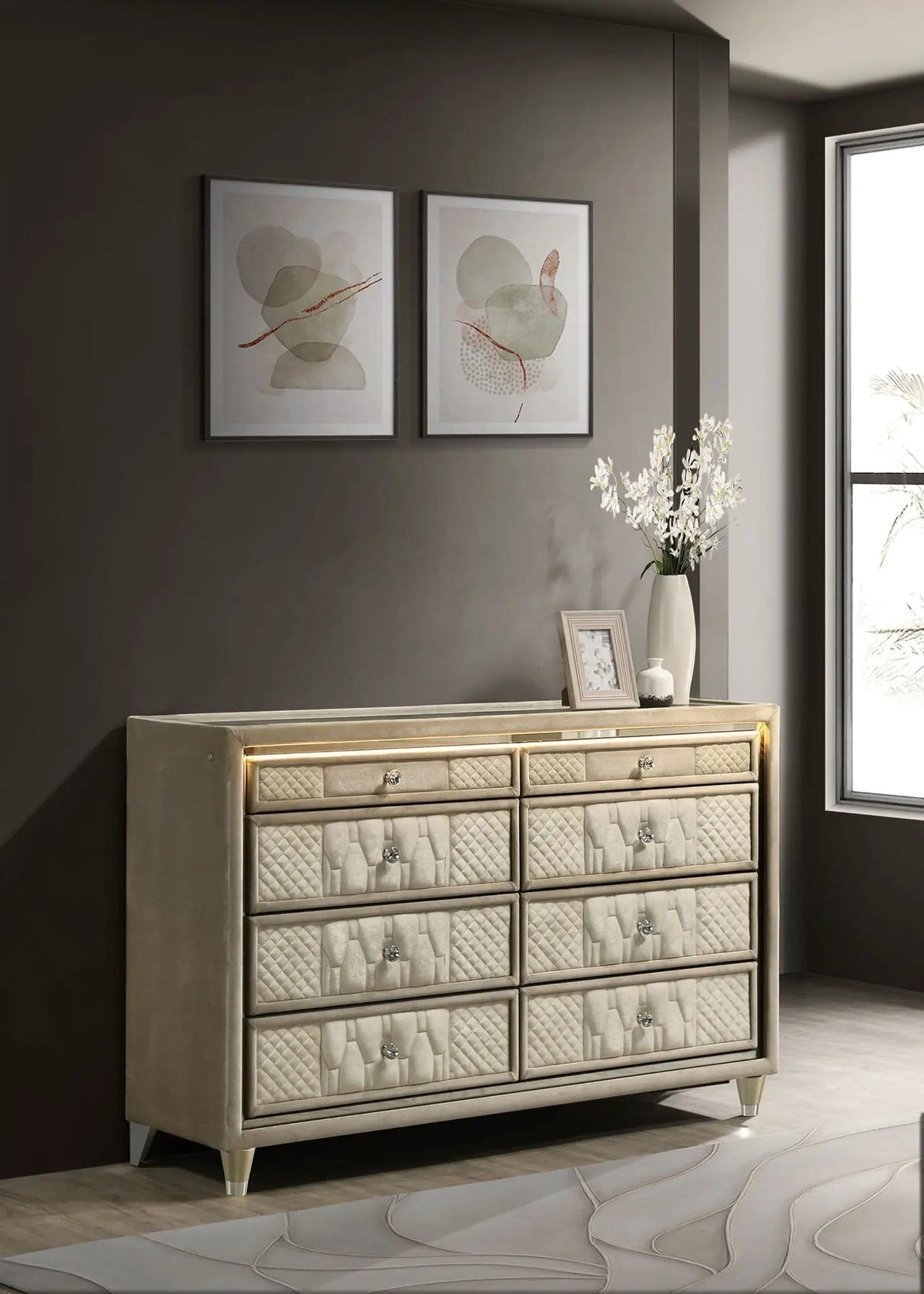 Lorient 8-drawer LED Bedroom Dresser Cabinet Ivory and Camel | 60.5 x 16 x 38.25 in | Rubberwood & Velvet | Bedroom