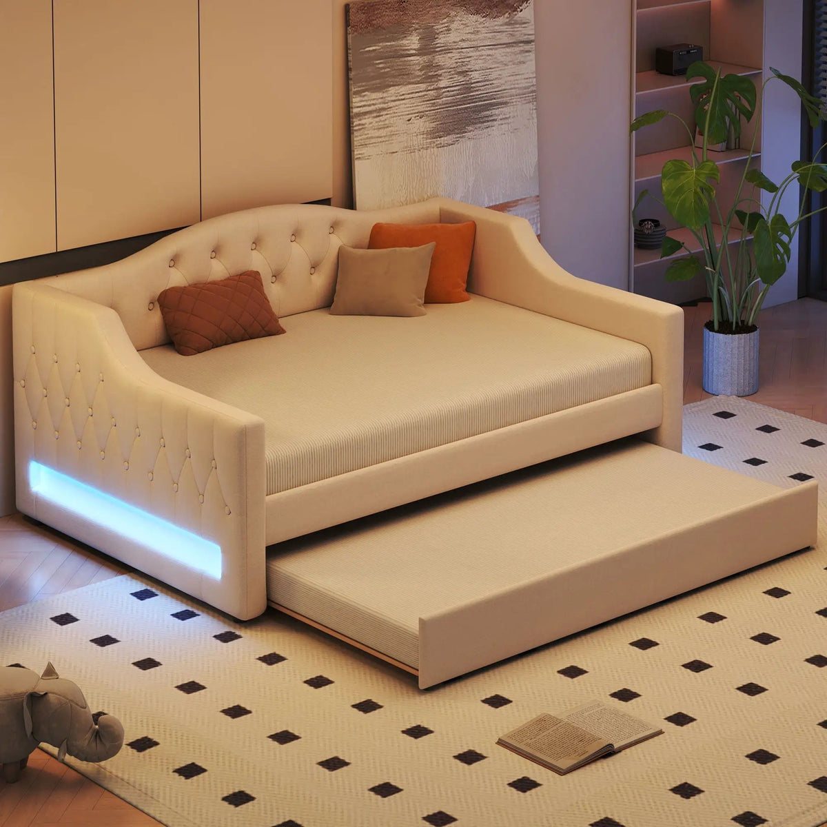 Daybed With LED Lights | Upholstered Trundle Daybed | Thickly Padded Sponge | 84 Inch Length