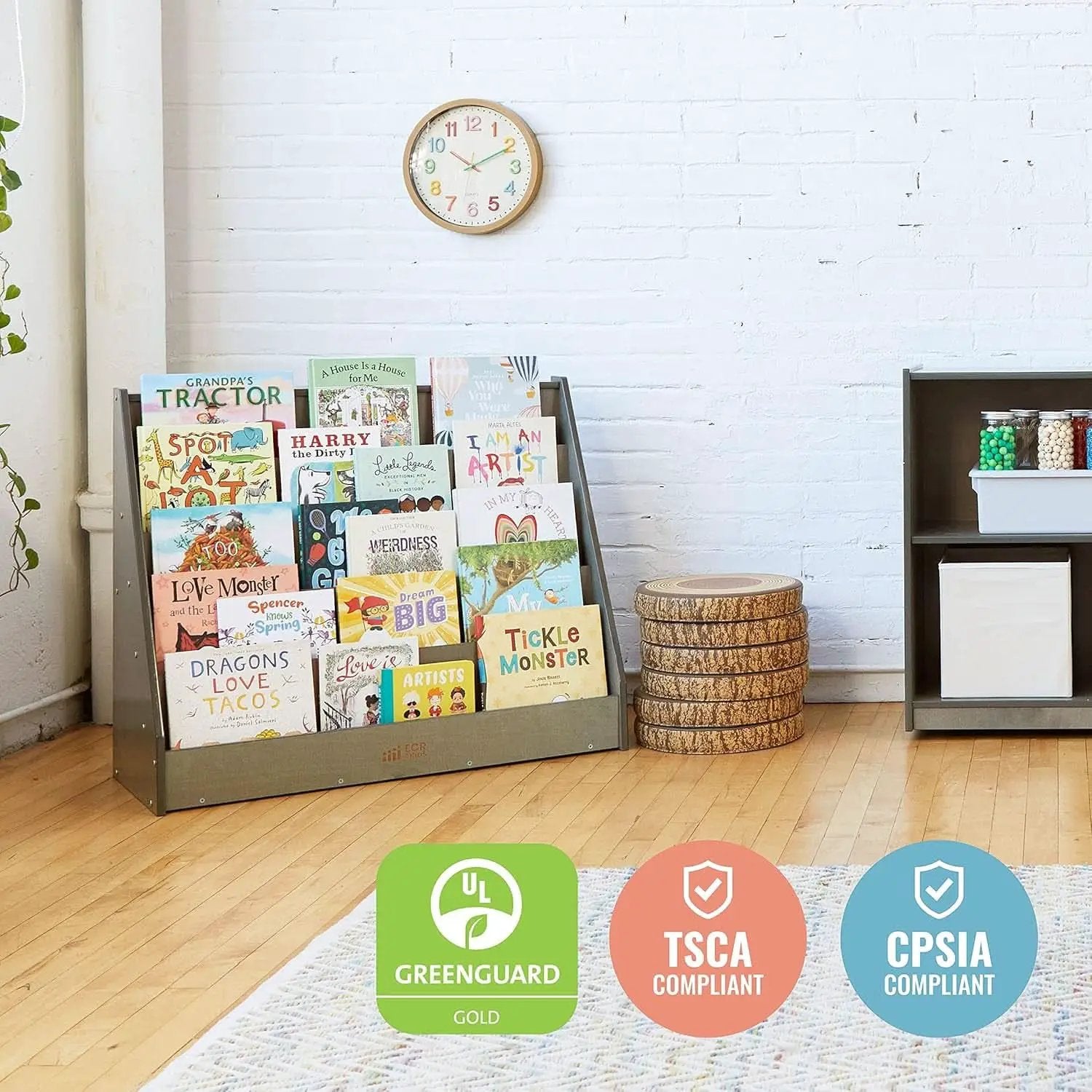 Single Sided Book Display Five Wide Slots Classroom Bookshelf Grey Wash from PriceLows™