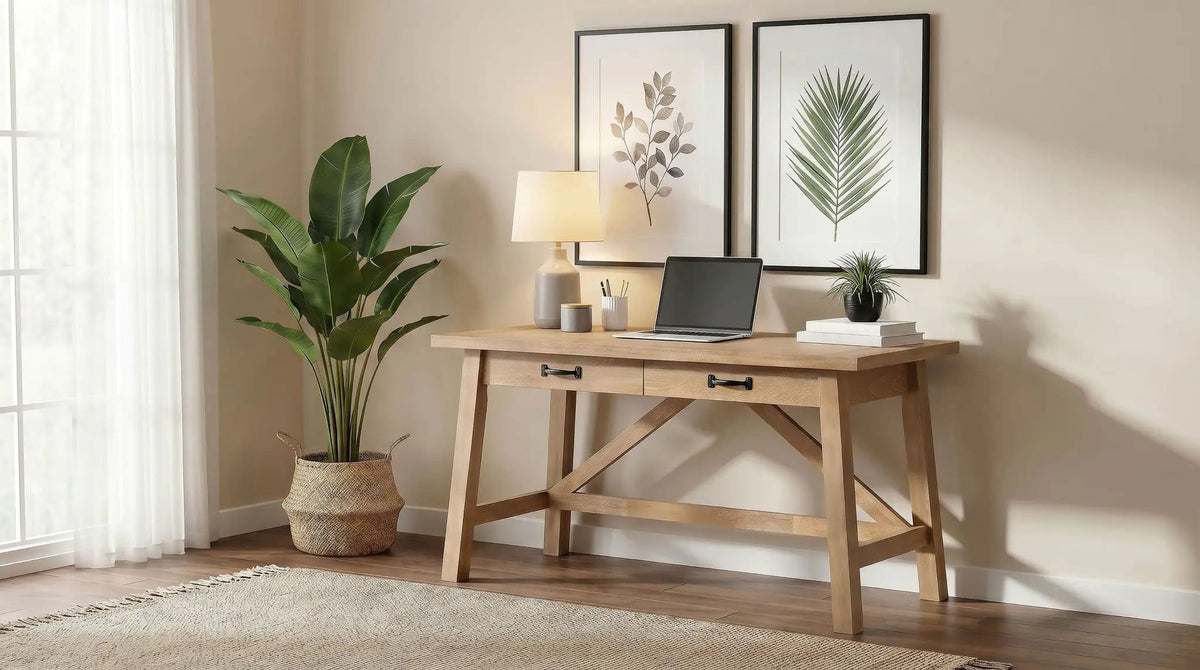 Fabian 54-inch 2-drawer Computer Writing Desk Distressed Light | 54 x 23.25 x 30 in | Rubberwood & Engineered Wood | Brown