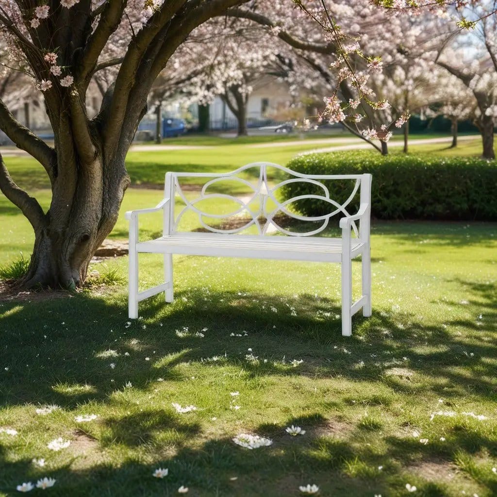 Outdoor Garden Patio Bench With Backrest And Armrest, Slatted Seat For Park, Yard | 50.5 x 22.5 x 35.1 in | Steel & Iron | White