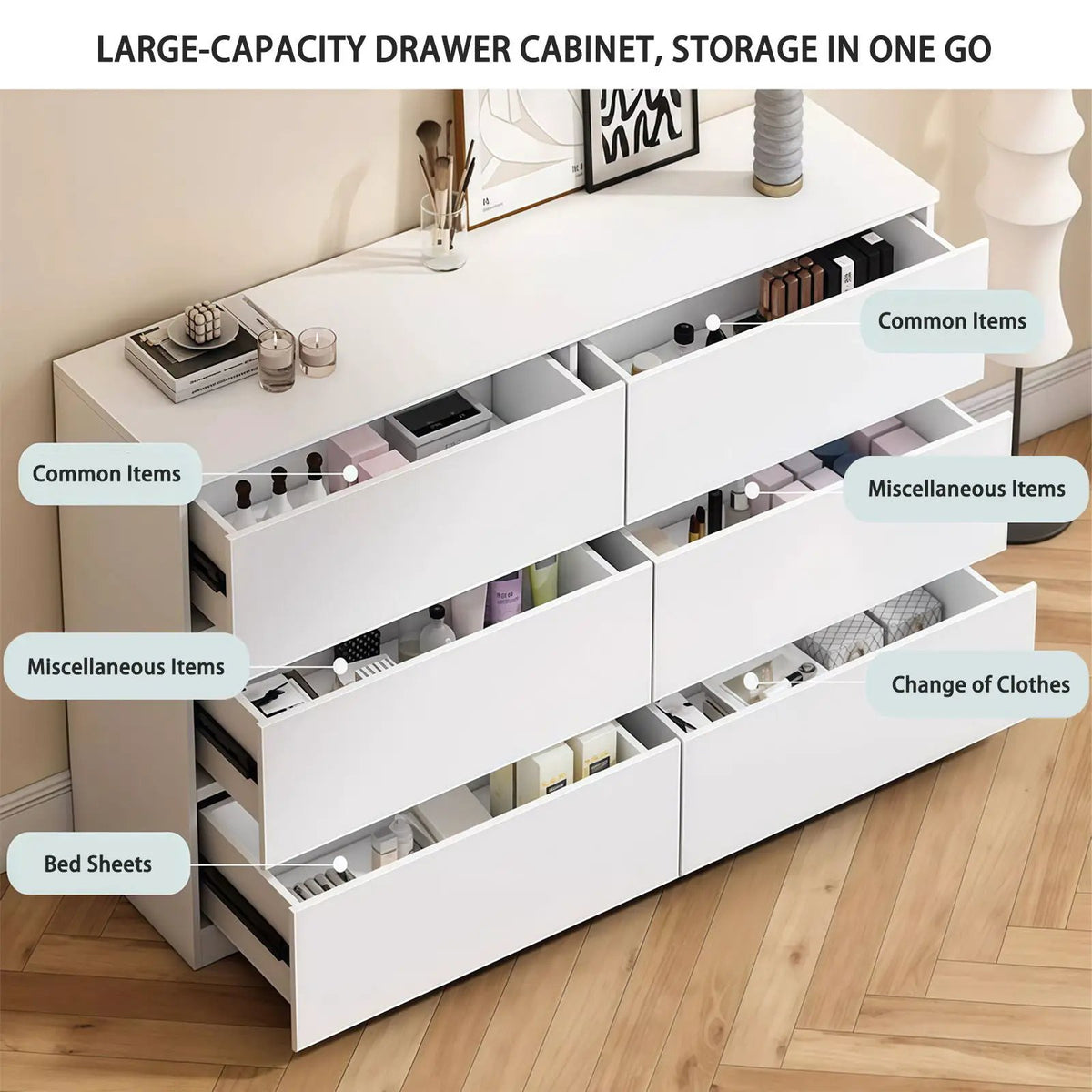 6 Drawer Dresser | Spacious Countertop | Concealed Handles | 47 Inch Width