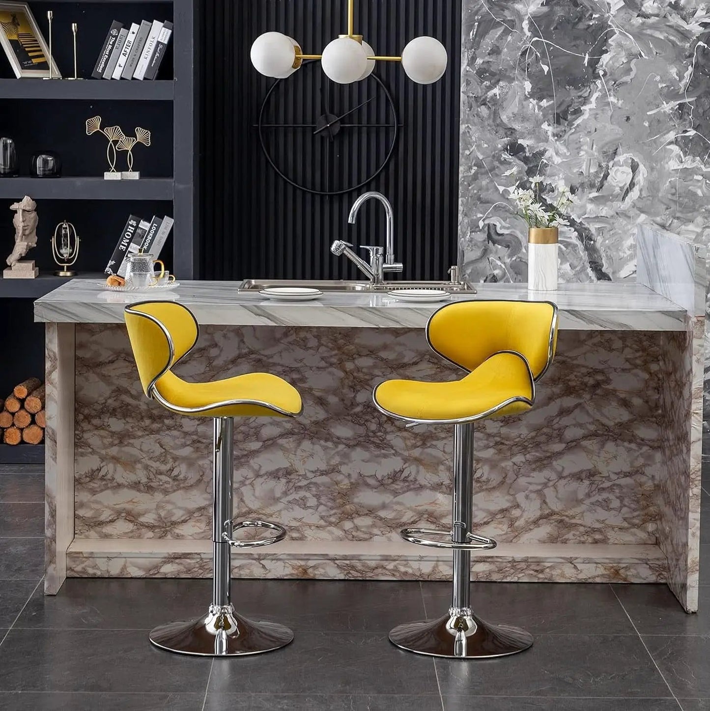 Masaccio Velvet Adjustable Swivel Bar Stool Set Of 2 Yellow from PriceLows™
