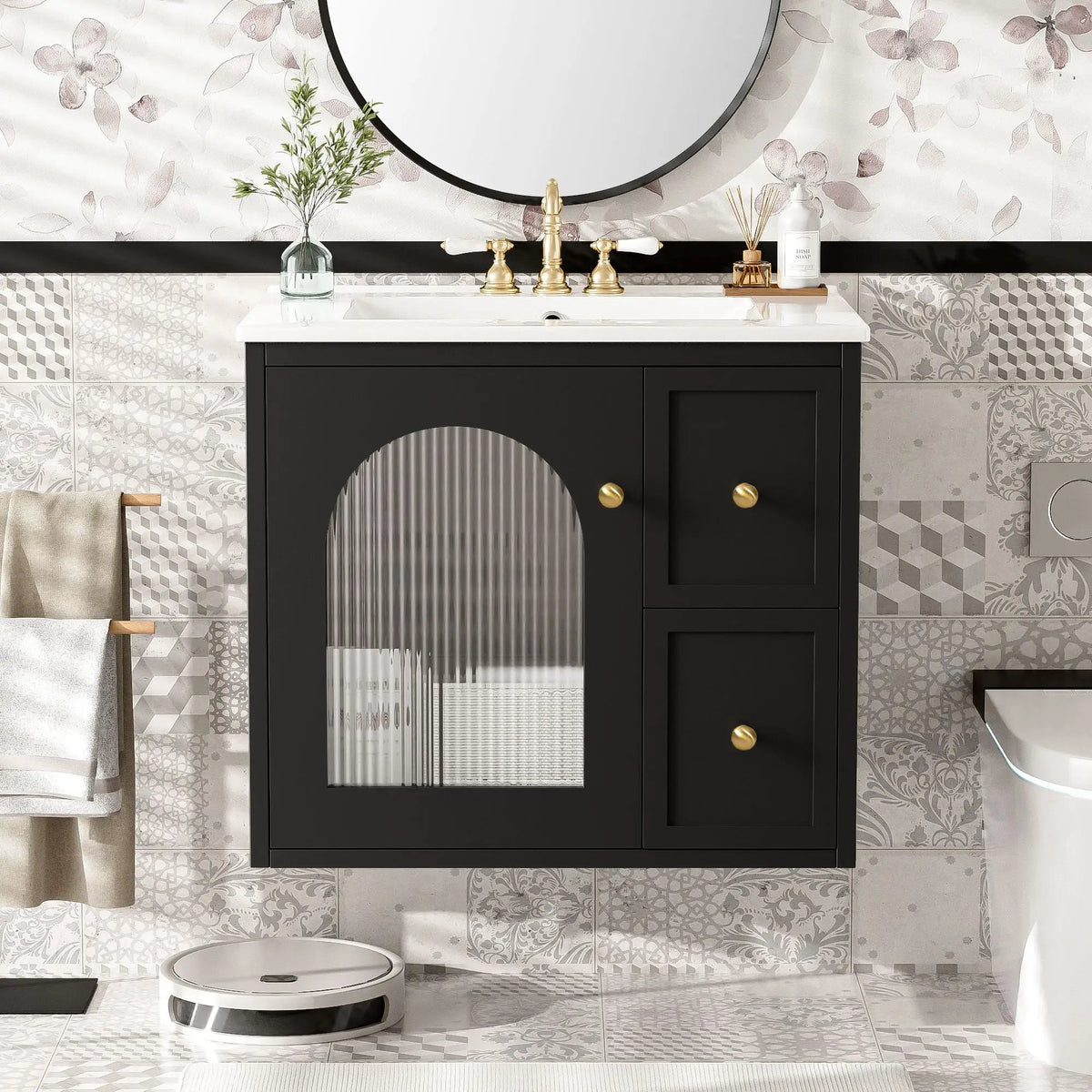 Wall-Mounted Bathroom Vanity Set | Sink Included | 2 Drawers | Soft-Close Glass Door Cabinet